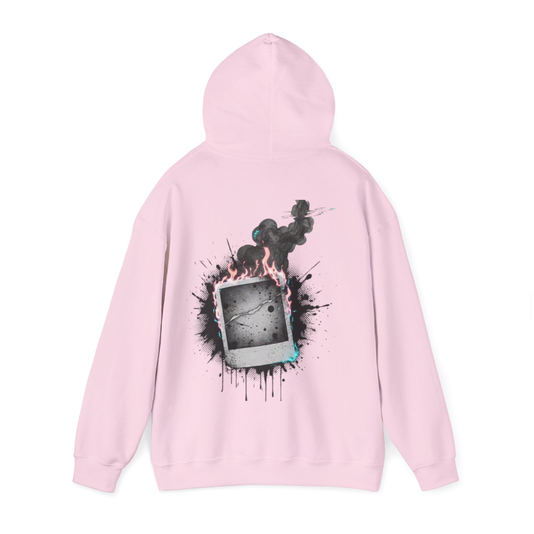 Burning Polaroid Hoodie — Retro Photo Flame Graphic Hooded Sweatshirt