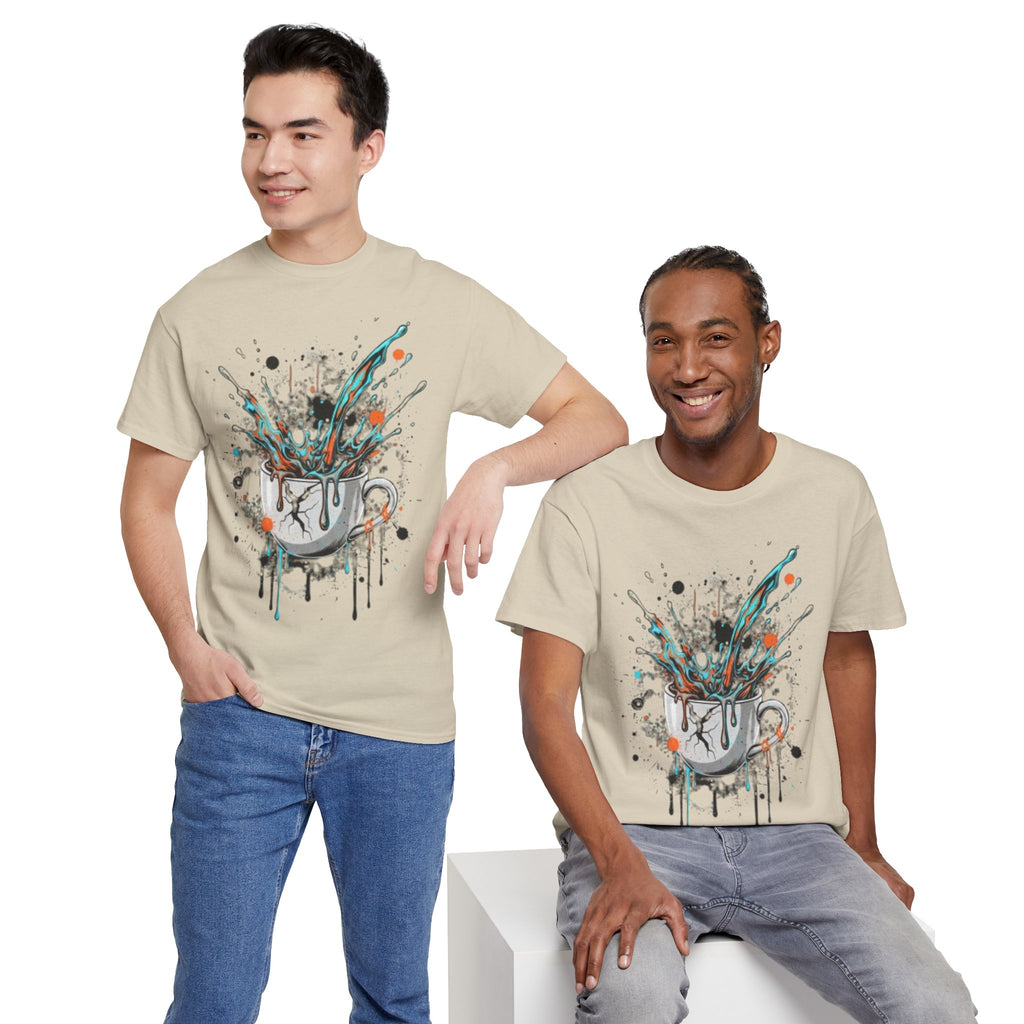 Artistic Splash Coffee Mug Tee — Paint Splatter Coffee Cup Graphic T-Shirt