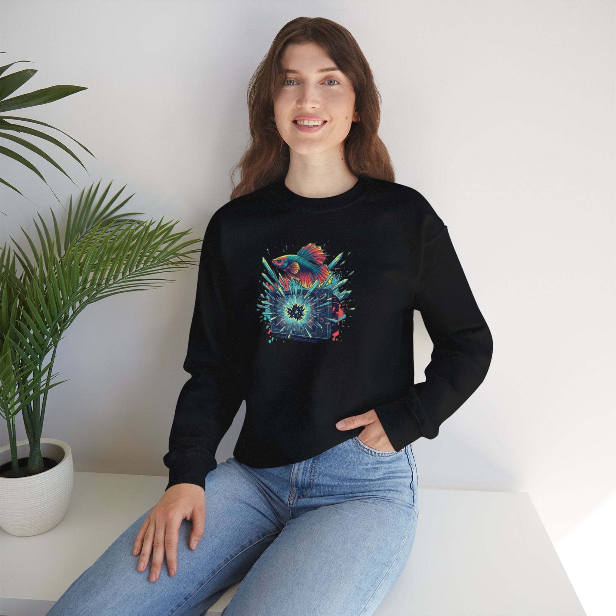 Cosmic Hummingbird Crewneck Sweatshirt — Neon Floral Burst Graphic