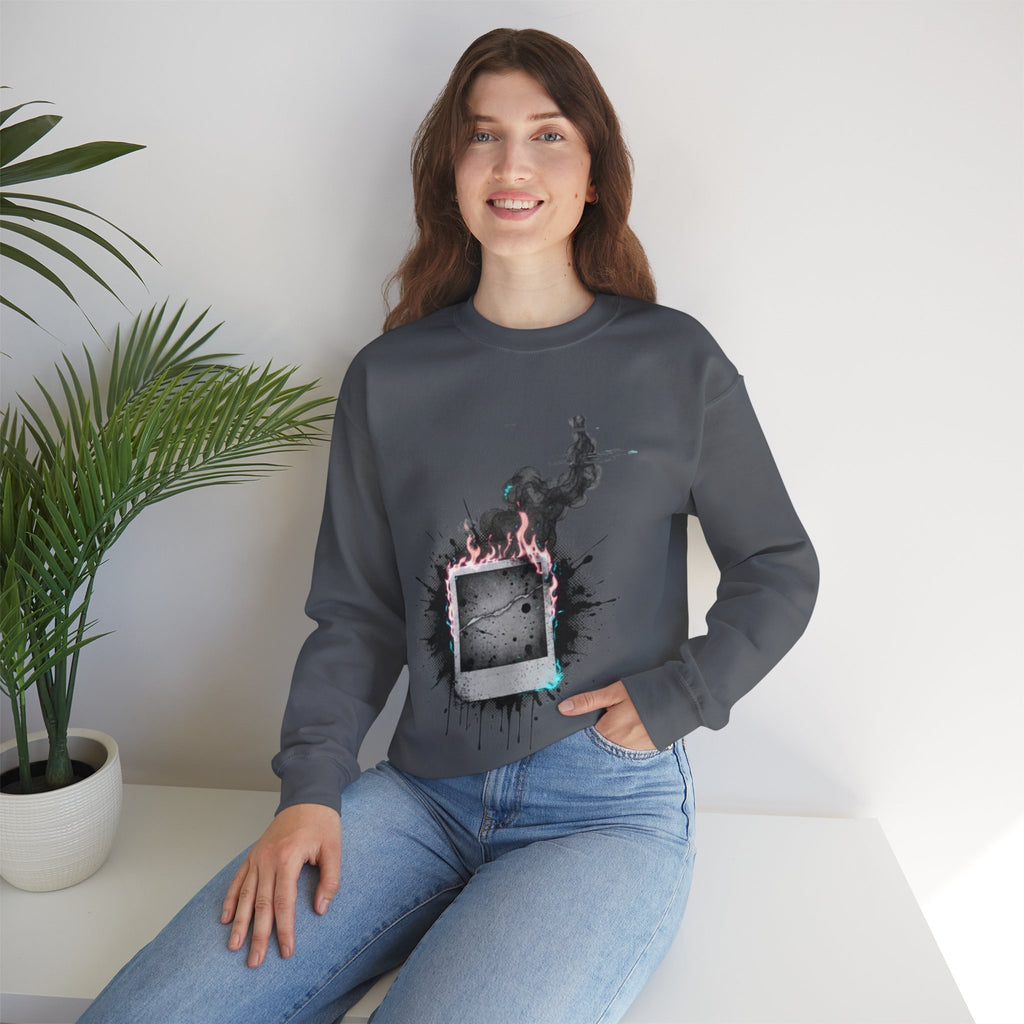 Burning Polaroid Crewneck Sweatshirt — Vintage Photo Flame Graphic