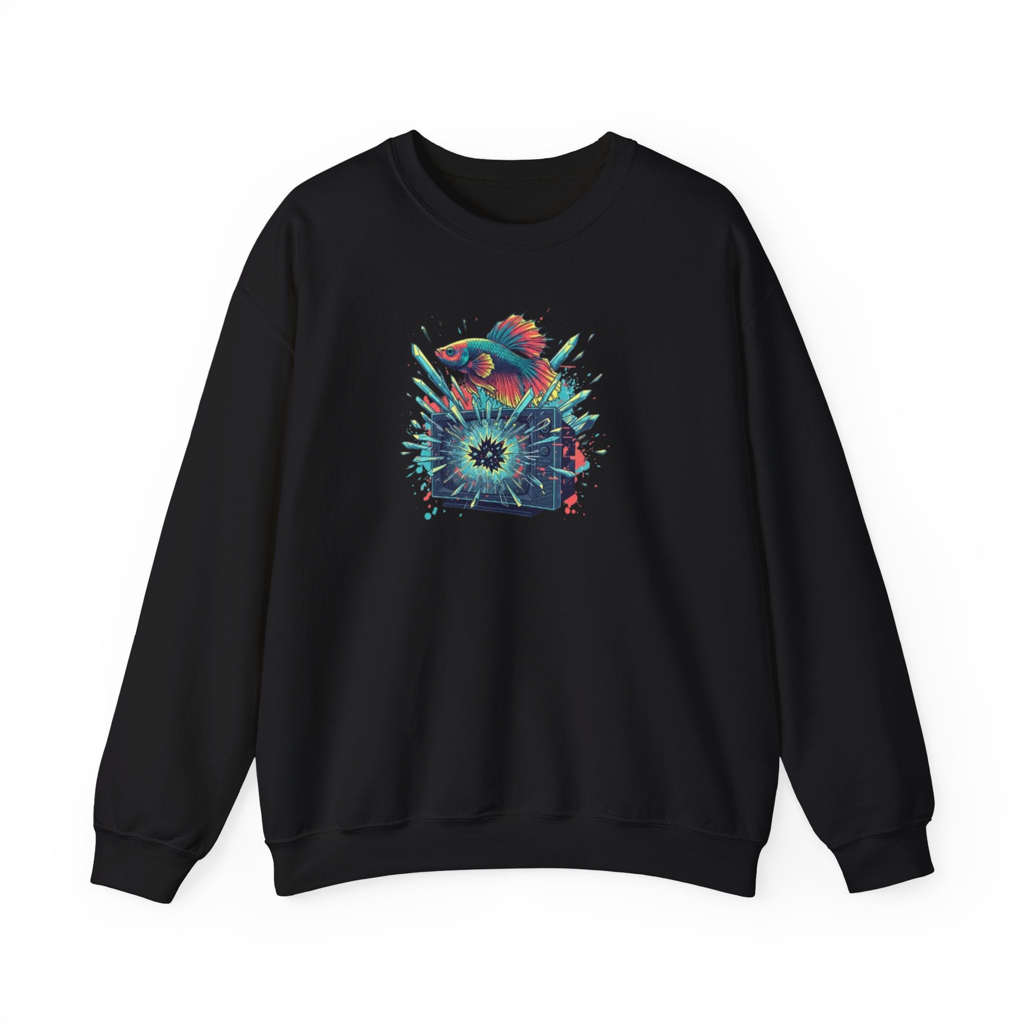 Cosmic Hummingbird Crewneck Sweatshirt — Neon Floral Burst Graphic