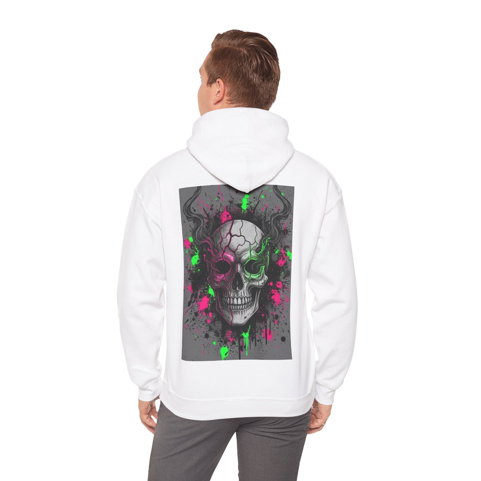 Skull Graffiti Hoodie — Neon Splatter Horror Skull Back Print