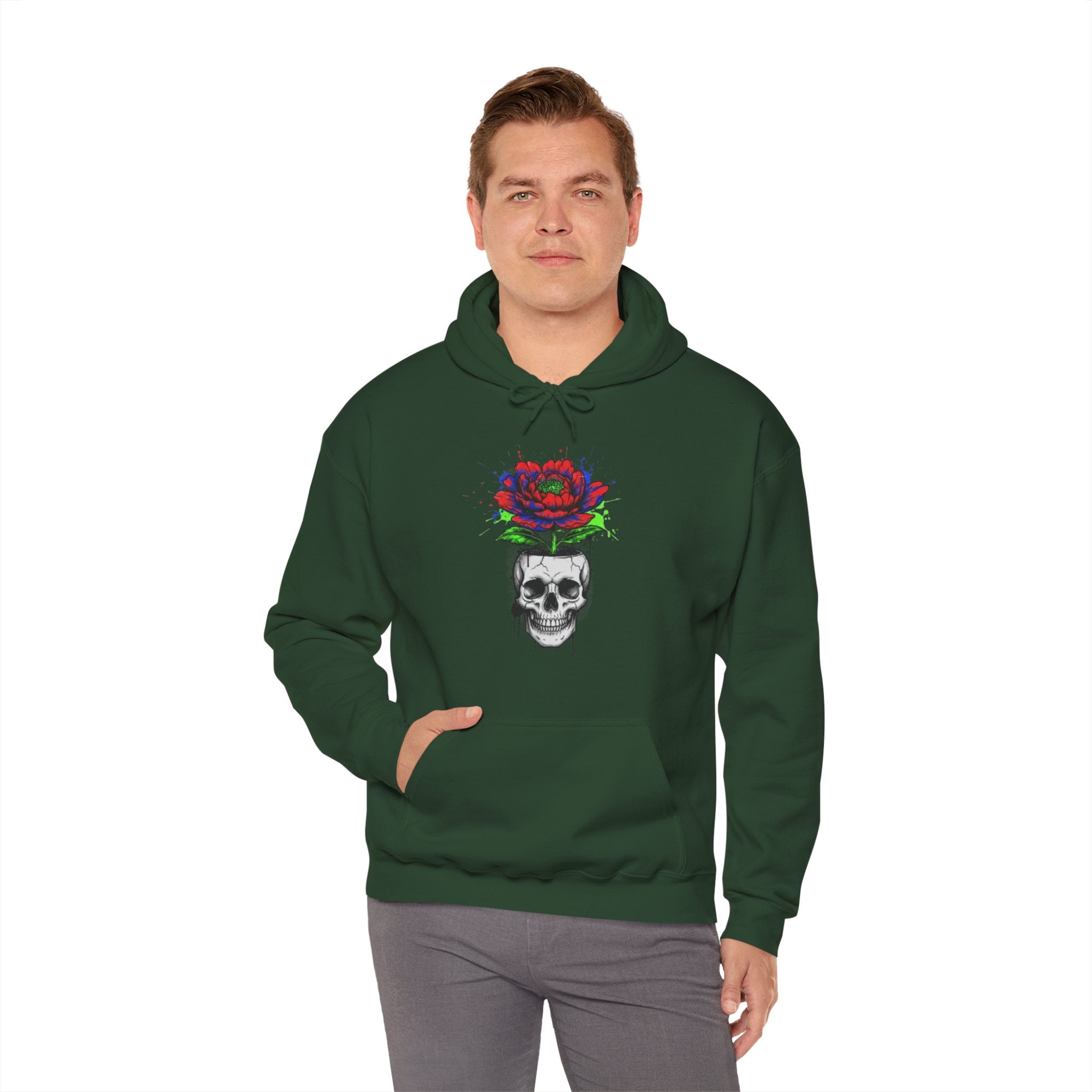 Skull with Bloom Hoodie — Gothic Rose Skull Graphic Pullover
