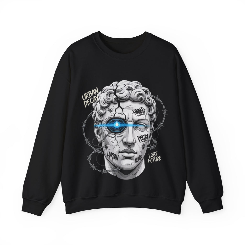 Cyber Statue Crewneck Sweatshirt — 'Urban Decay' Graffiti Bust with Blue Cyber Eye