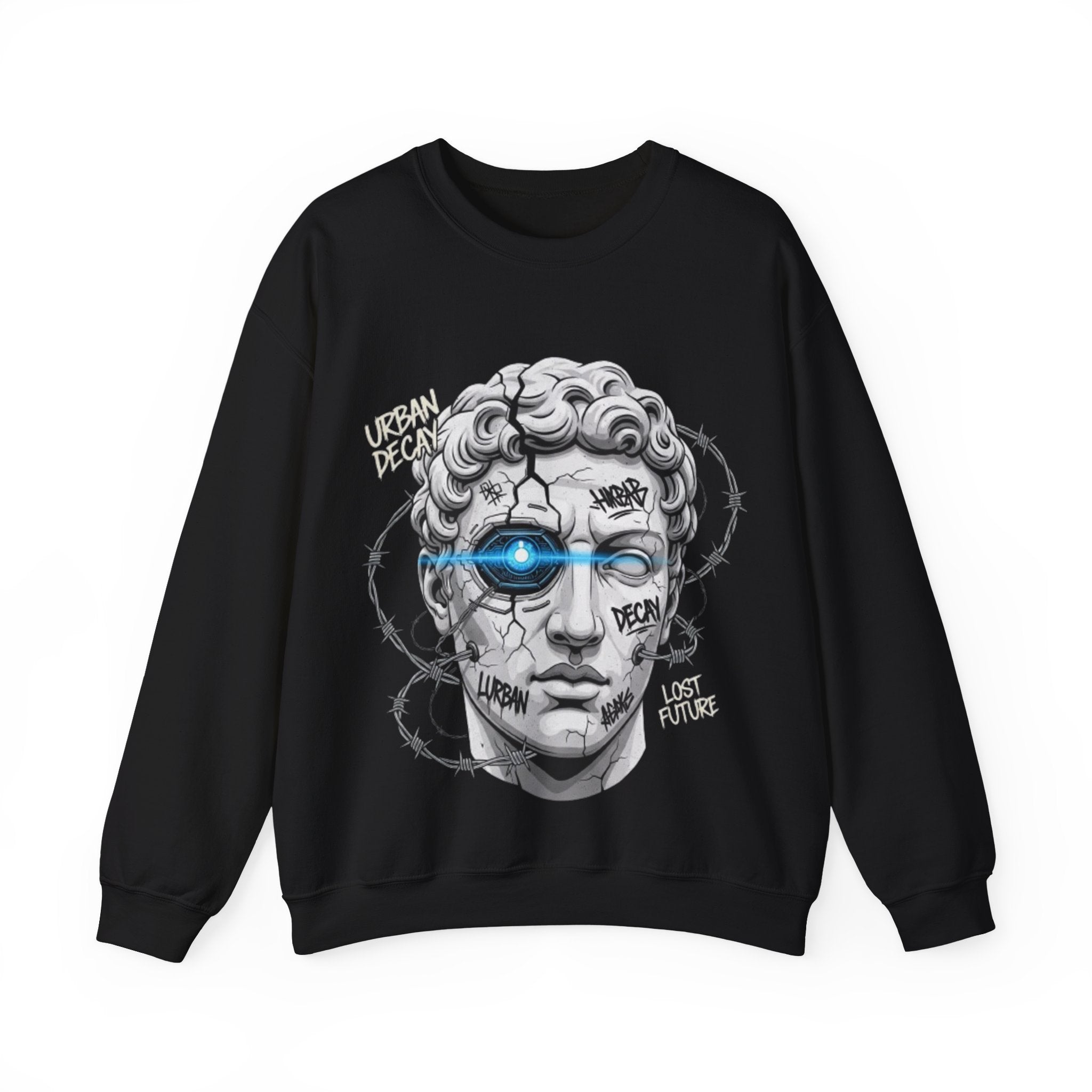 Cyber Statue Crewneck Sweatshirt — 'Urban Decay' Graffiti Bust with Blue Cyber Eye