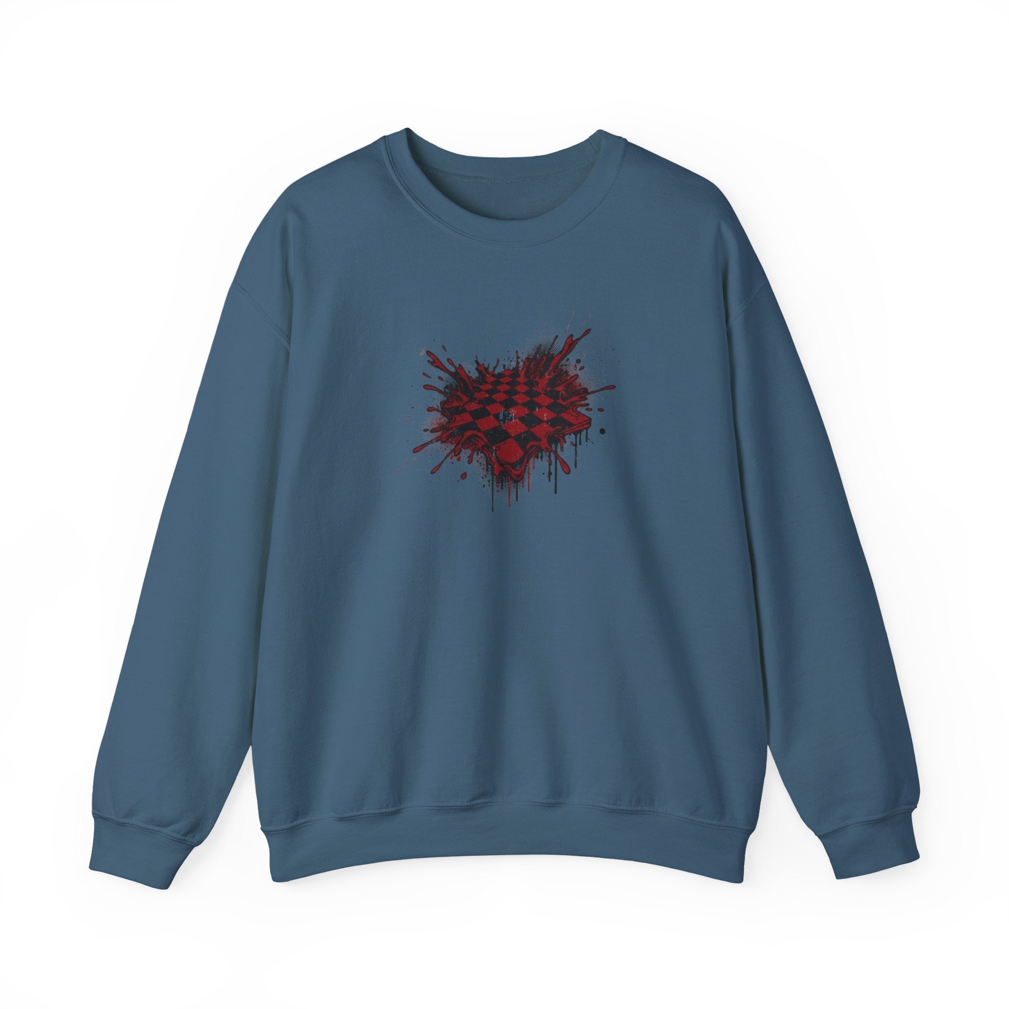Checkerboard Heart Crewneck Sweatshirt — Red Grunge Heart Graphic