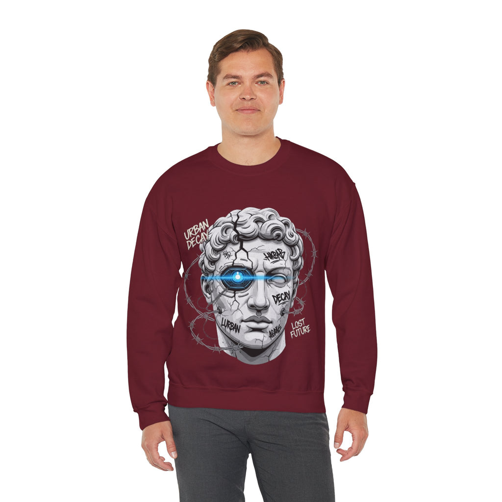 Cyber Statue Crewneck Sweatshirt — 'Urban Decay' Graffiti Bust with Blue Cyber Eye