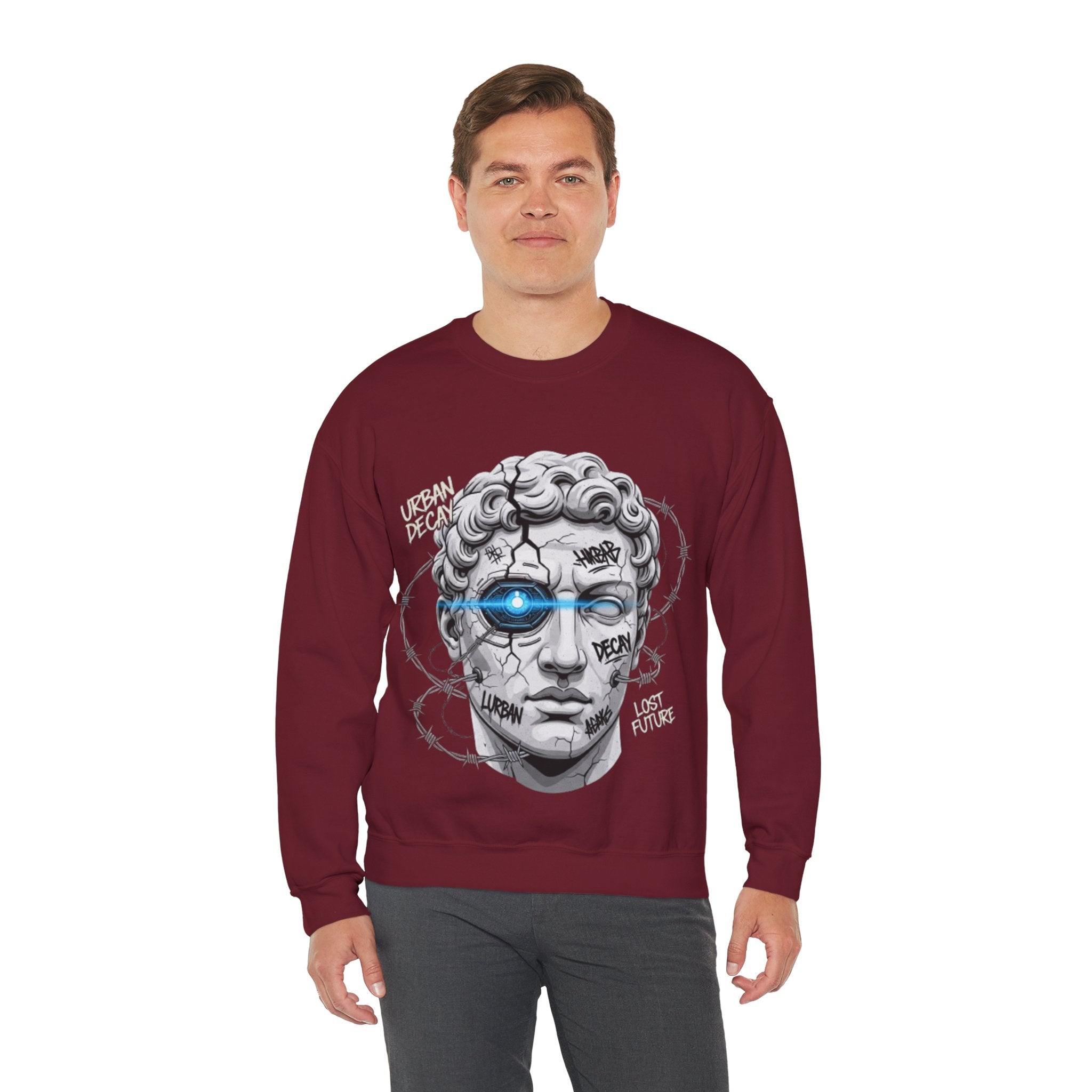 Cyber Statue Crewneck Sweatshirt — 'Urban Decay' Graffiti Bust with Blue Cyber Eye