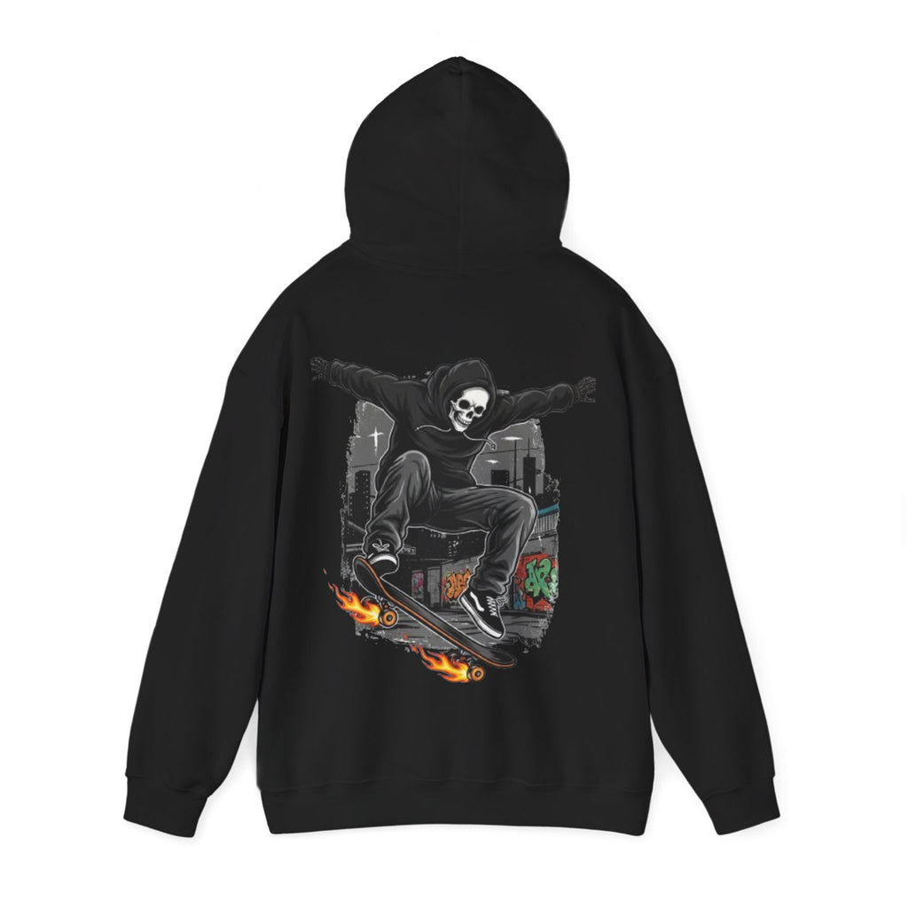 Skull Skater Hoodie — Flaming Skateboard Streetwear Pullover