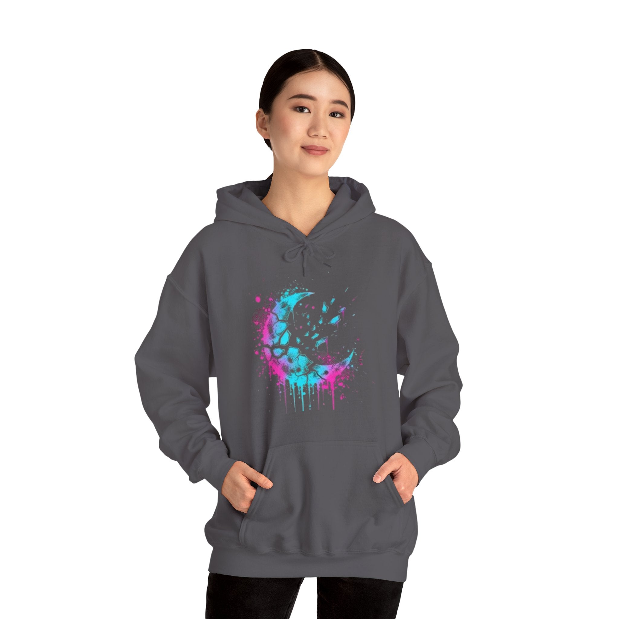 Paint-Splatter Crescent Moon Hoodie — Colorful Drip Art Sweatshirt