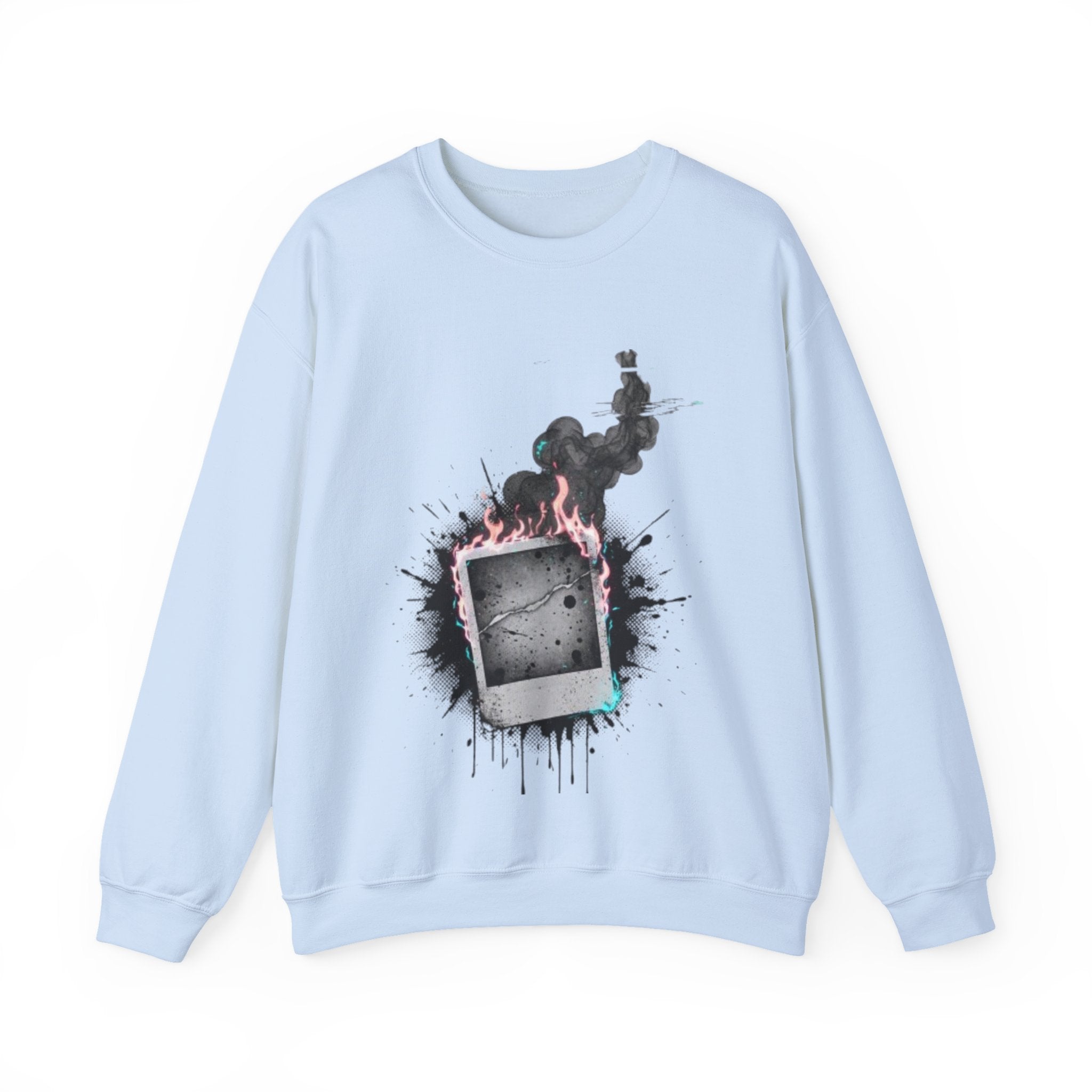 Burning Polaroid Crewneck Sweatshirt — Vintage Photo Flame Graphic