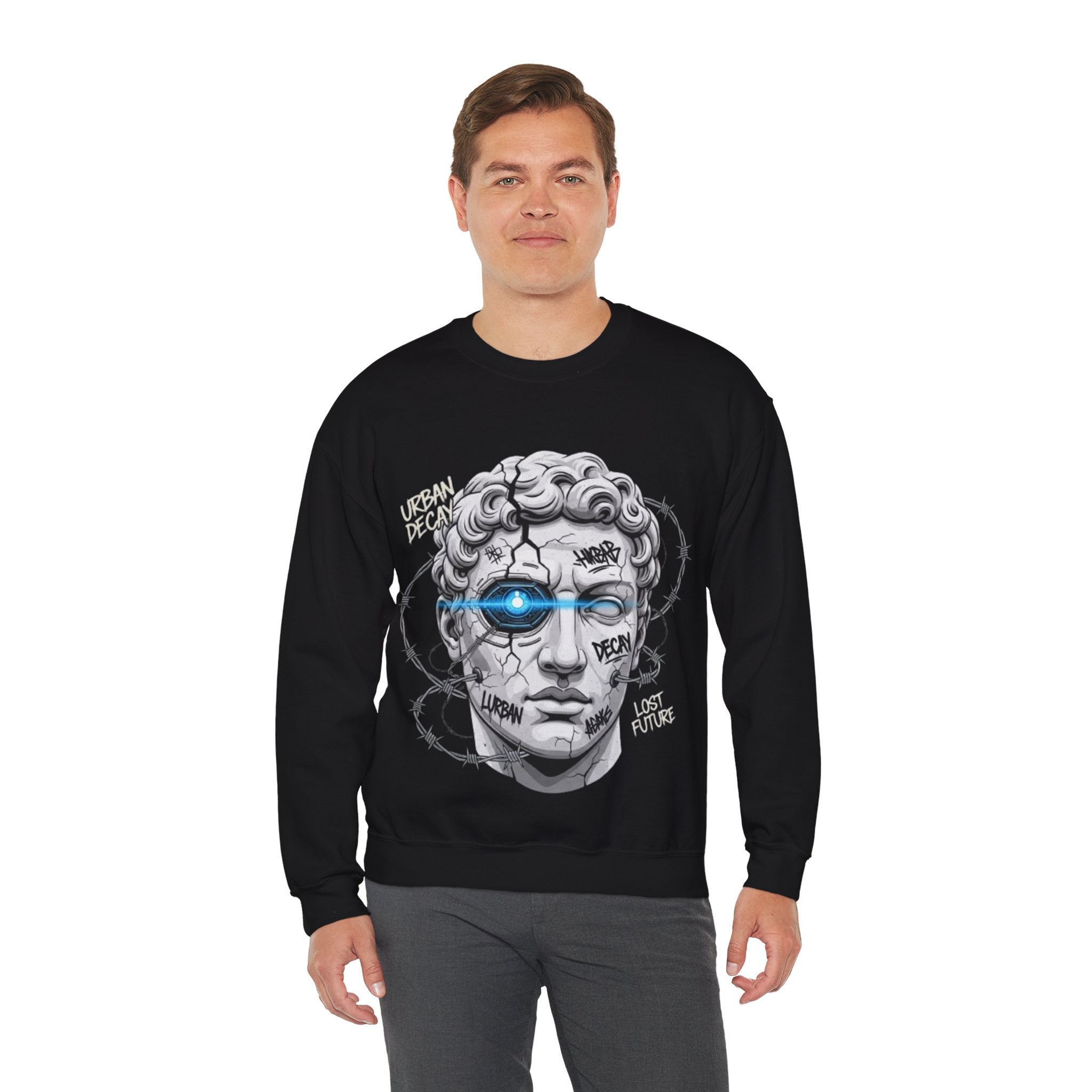 Cyber Statue Crewneck Sweatshirt — 'Urban Decay' Graffiti Bust with Blue Cyber Eye