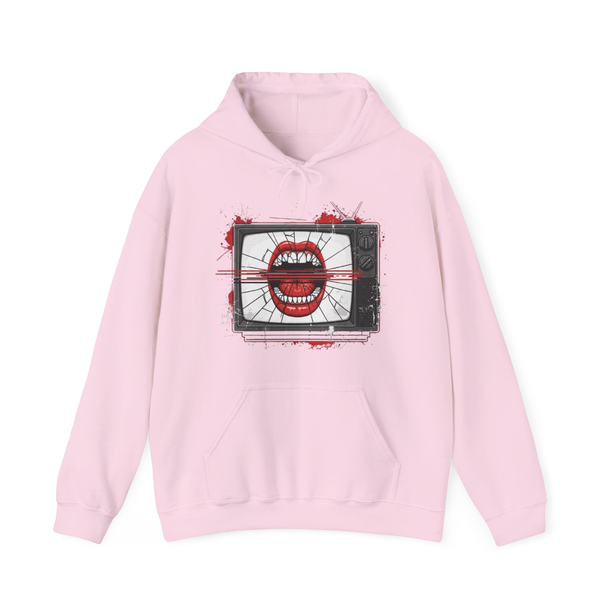 TV Static Mouth Graphic Hoodie — Retro Horror Streetwear