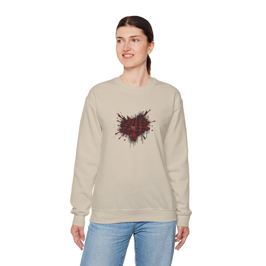 Checkerboard Heart Crewneck Sweatshirt — Red Grunge Heart Graphic