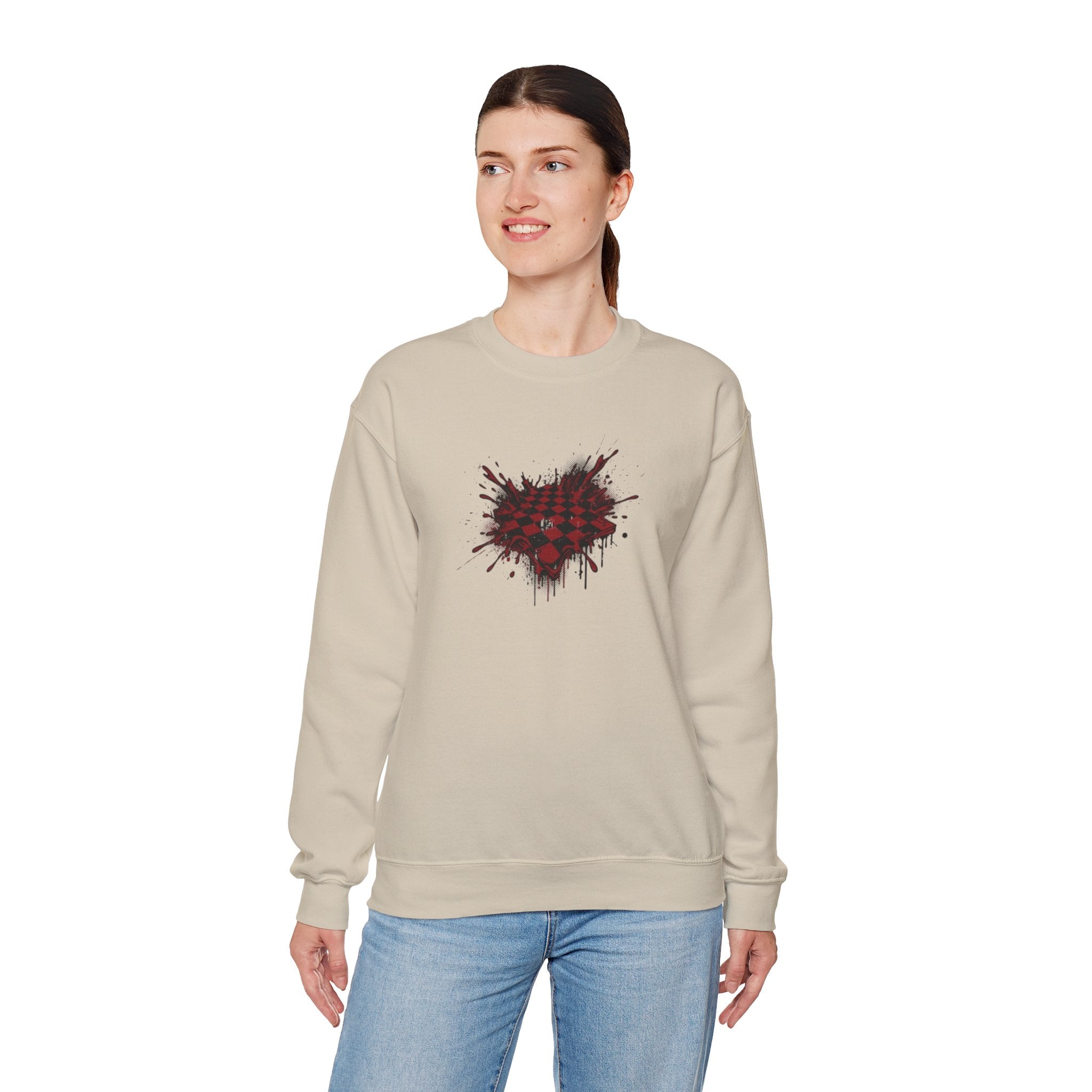 Checkerboard Heart Crewneck Sweatshirt — Red Grunge Heart Graphic