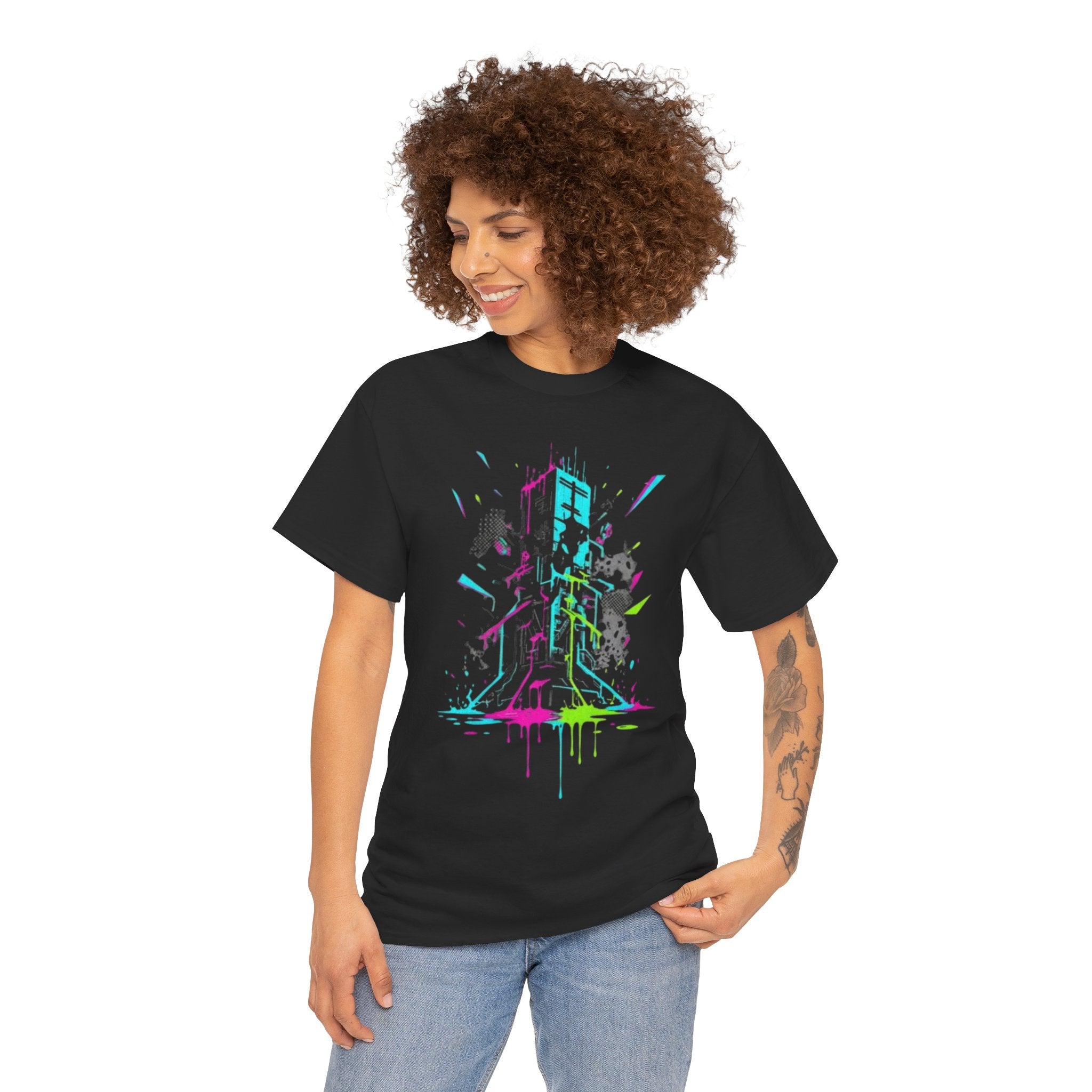 Neon Arcade Tower T-Shirt — Retro Gaming Graffiti Tee