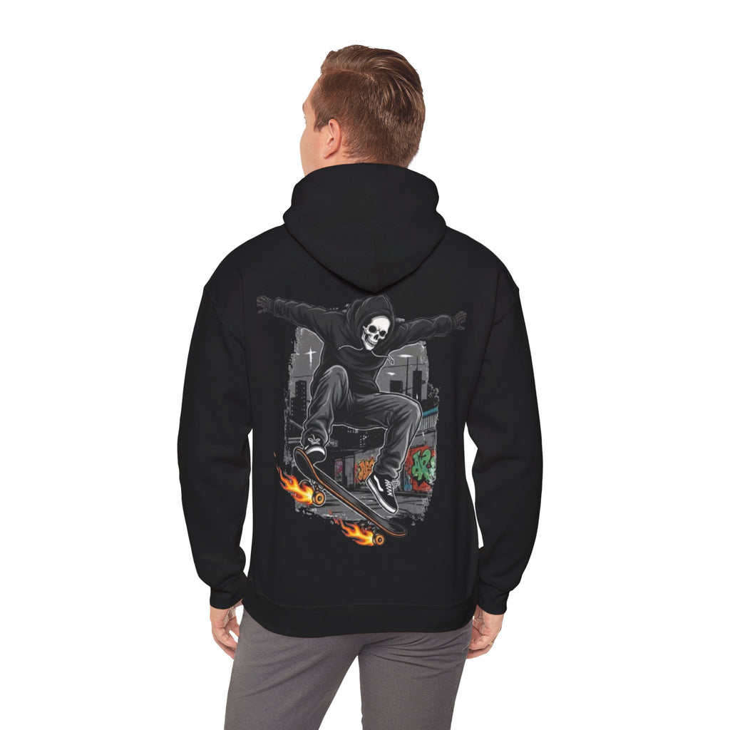 Skull Skater Hoodie — Flaming Skateboard Streetwear Pullover