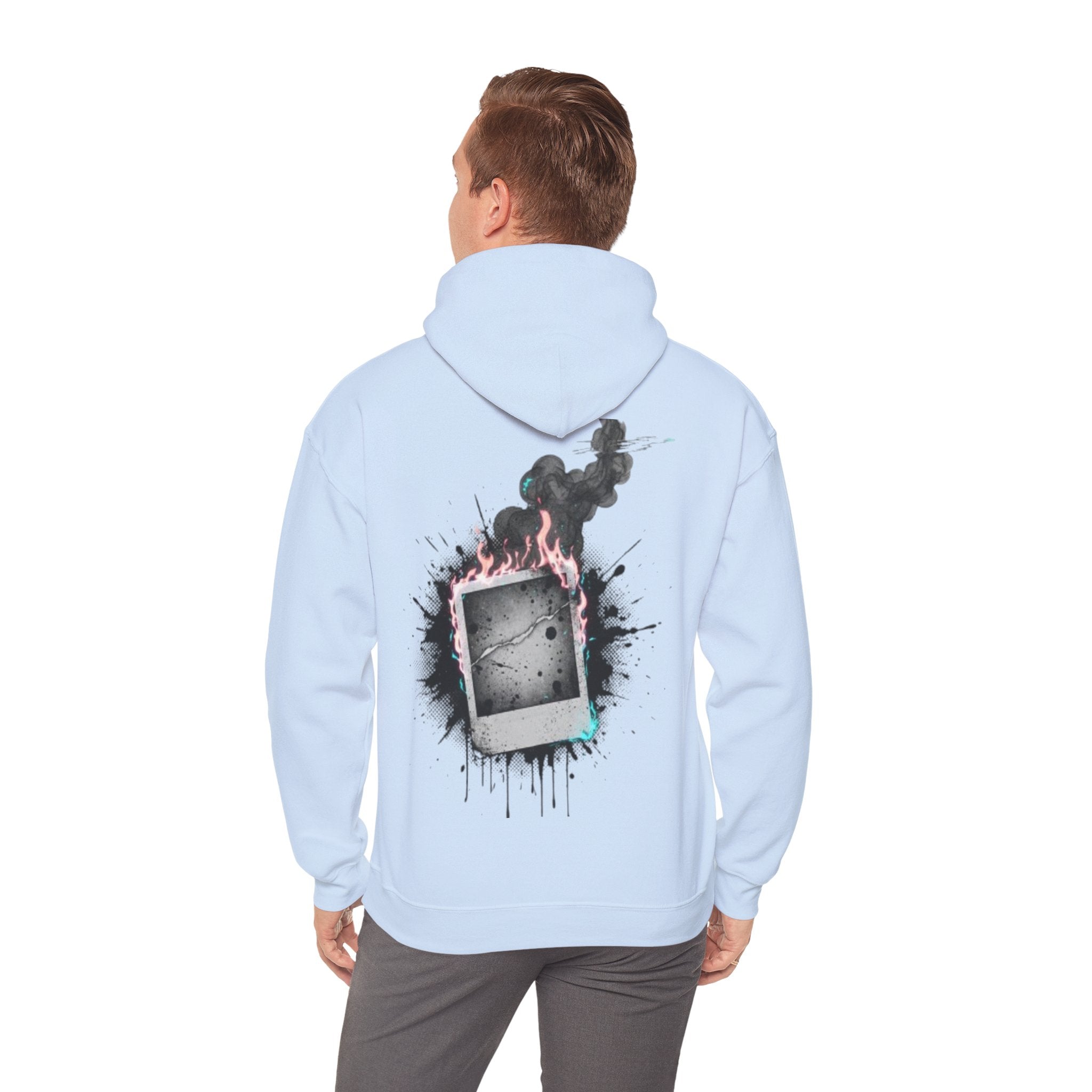 Burning Polaroid Hoodie — Retro Photo Flame Graphic Hooded Sweatshirt