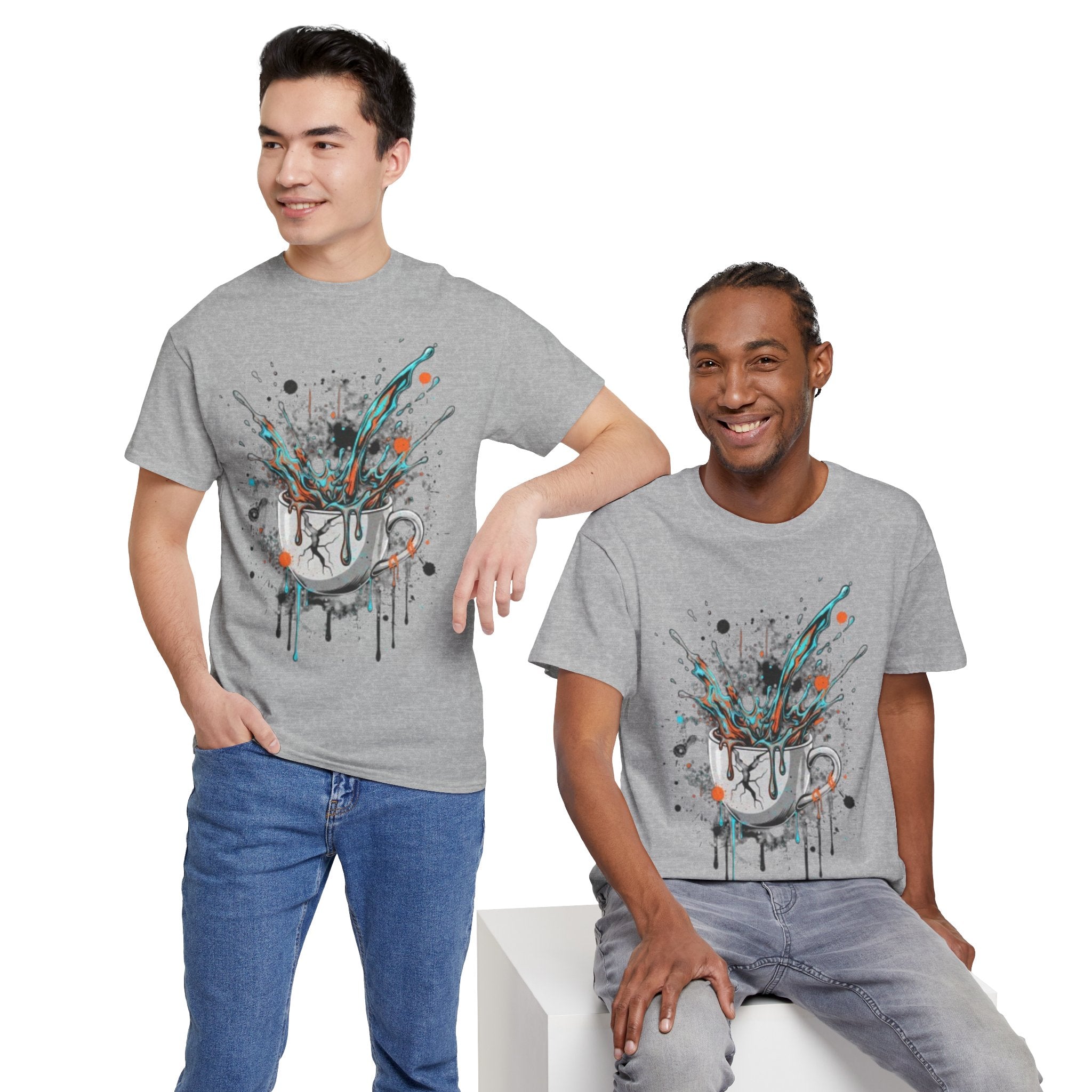Artistic Splash Coffee Mug Tee — Paint Splatter Coffee Cup Graphic T-Shirt