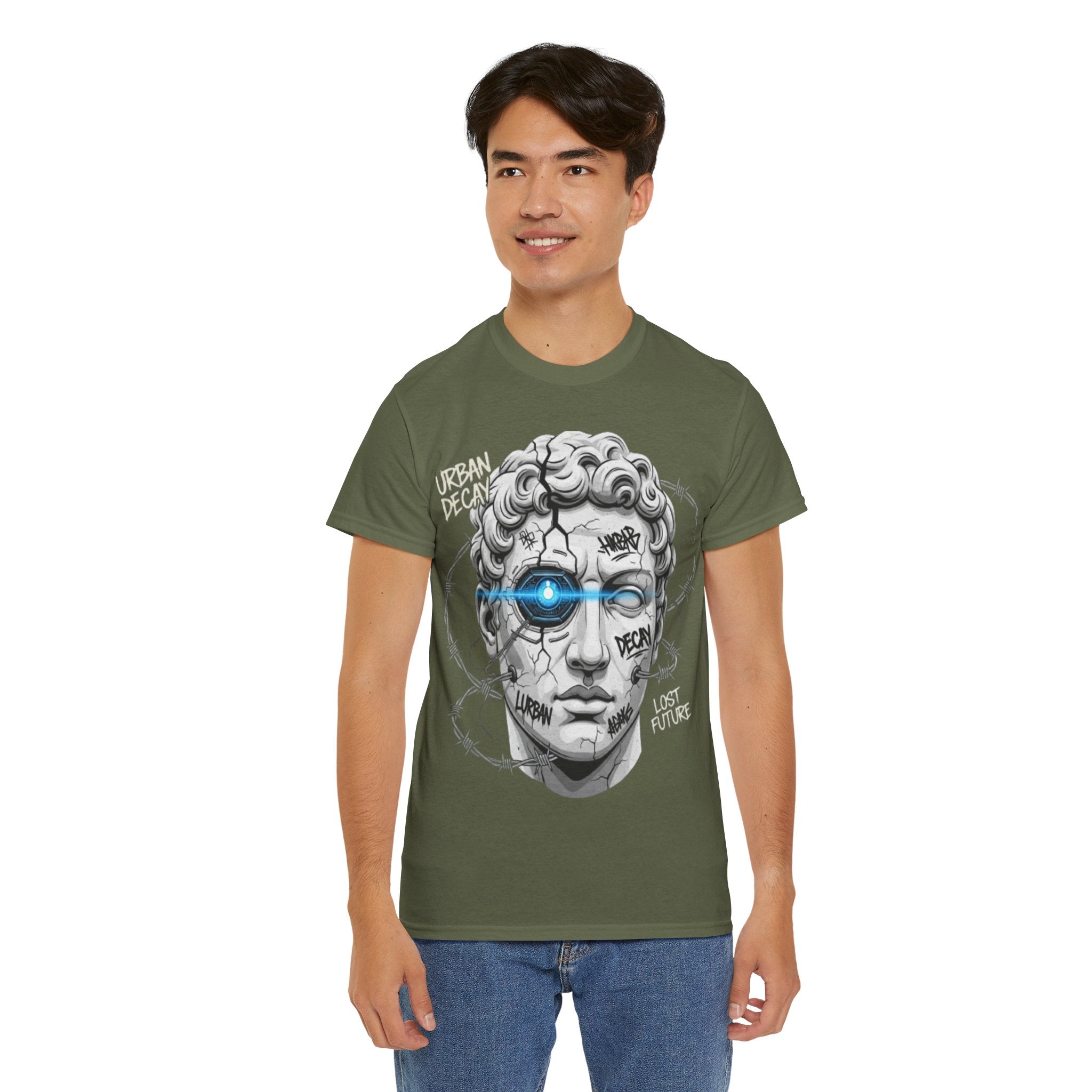 Statue Head Graphic Tee — 'Urban Decay' Cyberpunk Bust T-Shirt