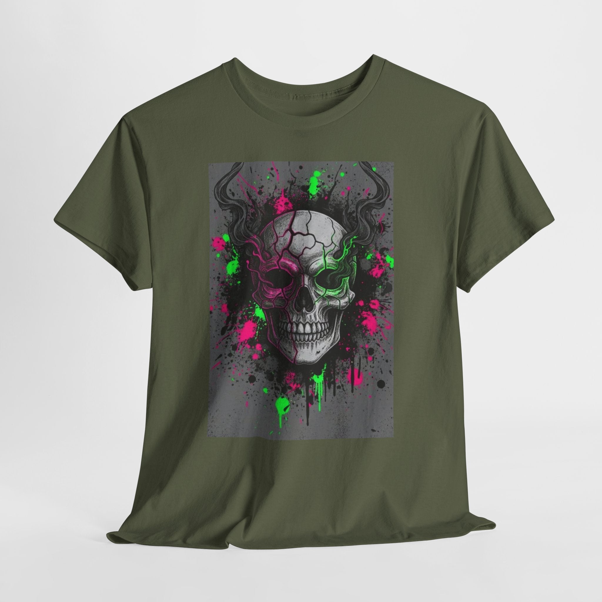 Skull Graffiti T‑Shirt — Neon Green & Pink Drip Skull Tee