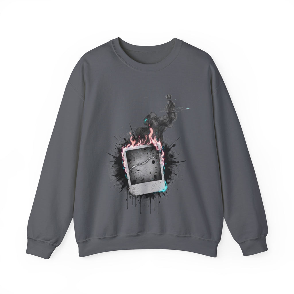 Burning Polaroid Crewneck Sweatshirt — Vintage Photo Flame Graphic