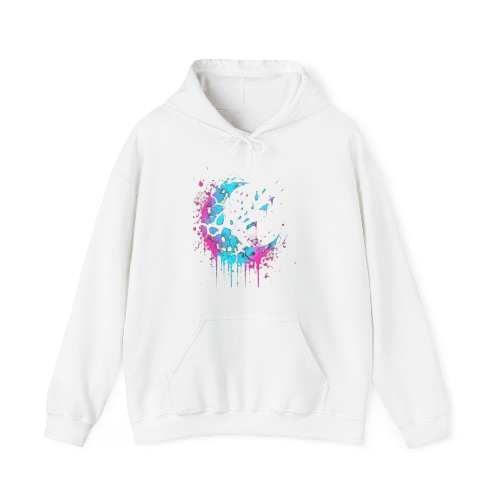 Paint-Splatter Crescent Moon Hoodie — Colorful Drip Art Sweatshirt