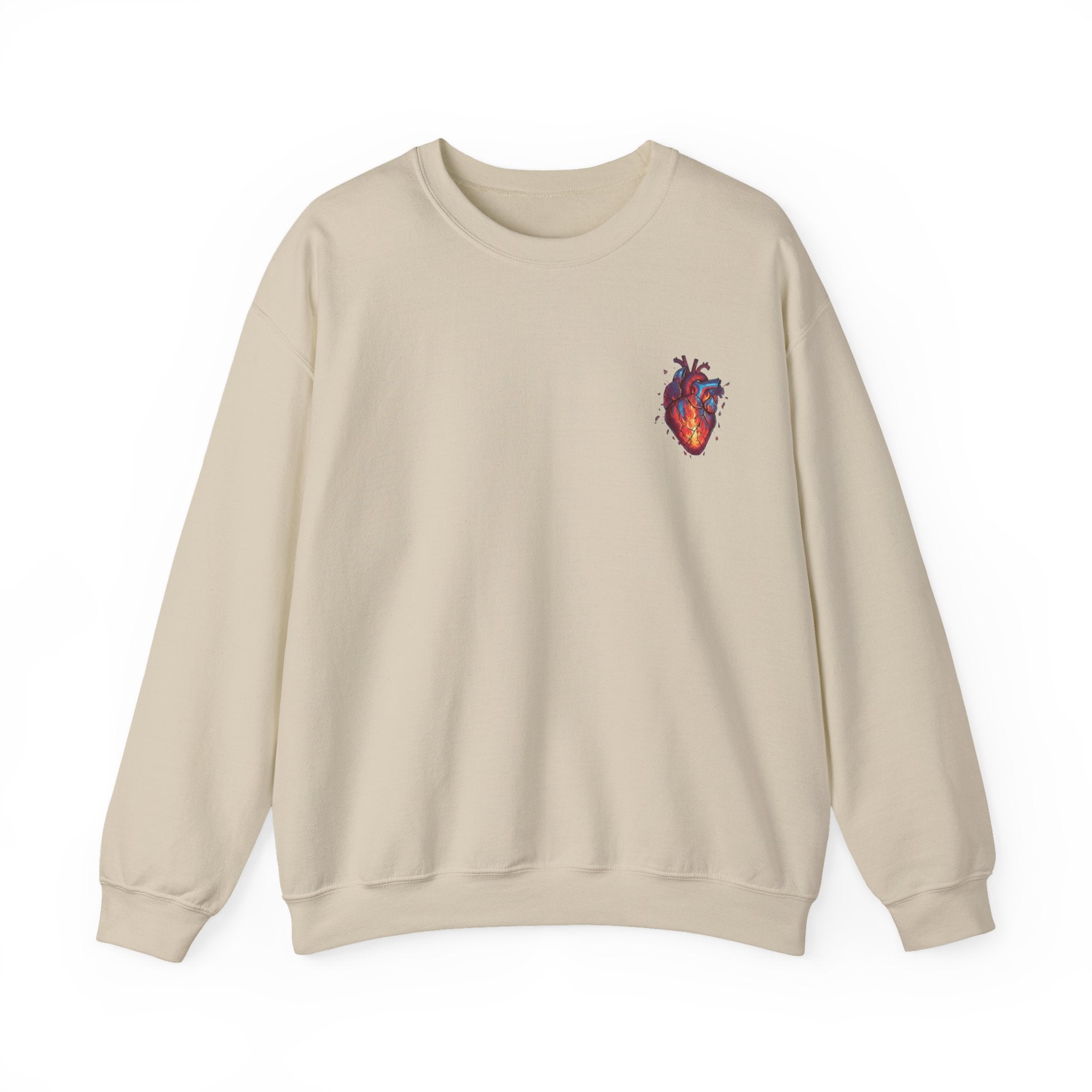 Ember Heart Crewneck Sweatshirt — Small Flaming Anatomical Heart Graphic
