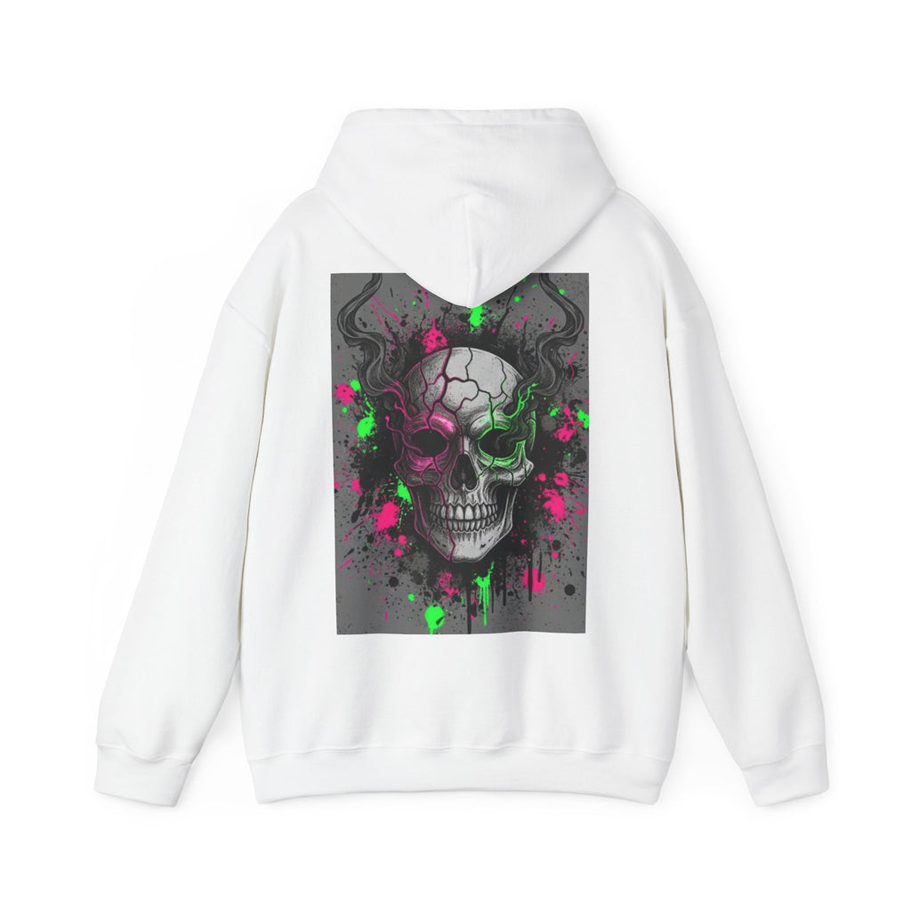 Skull Graffiti Hoodie — Neon Splatter Horror Skull Back Print