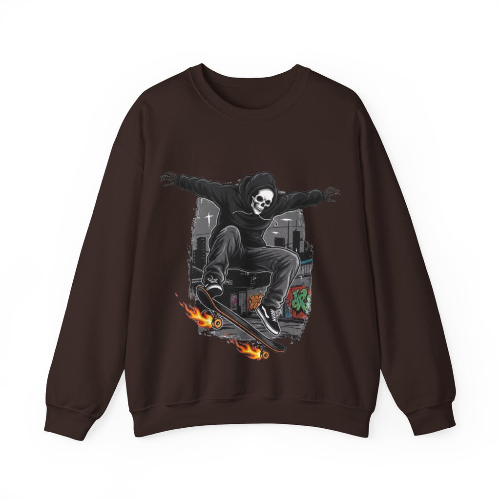 Skull Skateboarder Crewneck Sweatshirt — Flaming Skate Trick Graphic