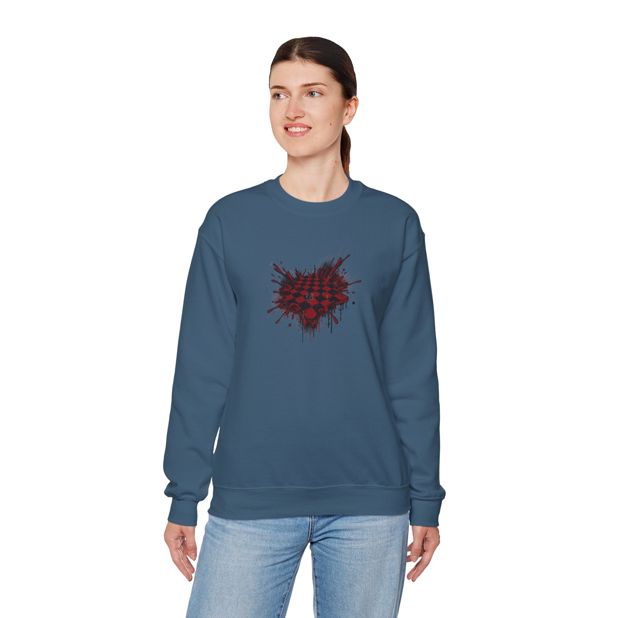 Checkerboard Heart Crewneck Sweatshirt — Red Grunge Heart Graphic