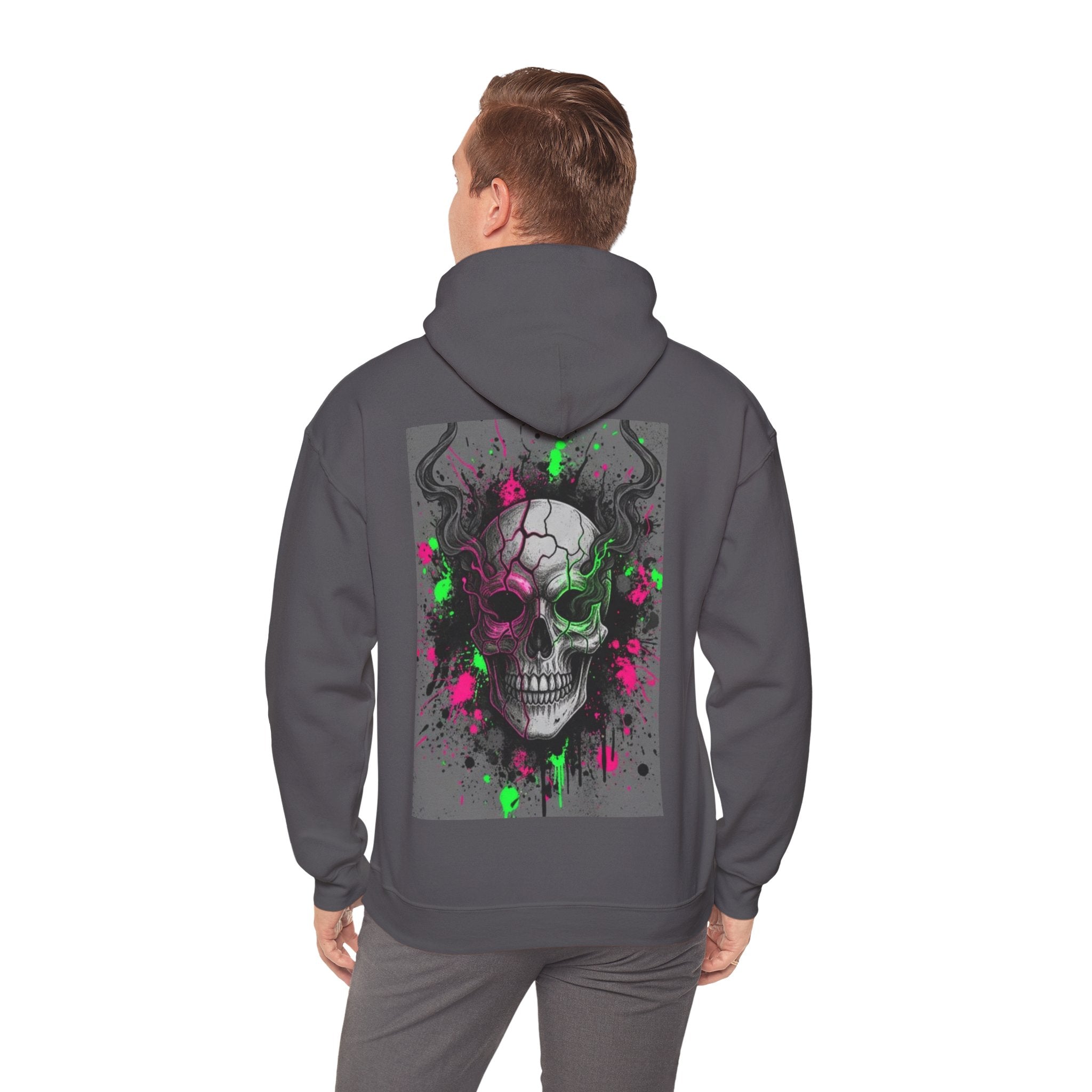 Skull Graffiti Hoodie — Neon Splatter Horror Skull Back Print