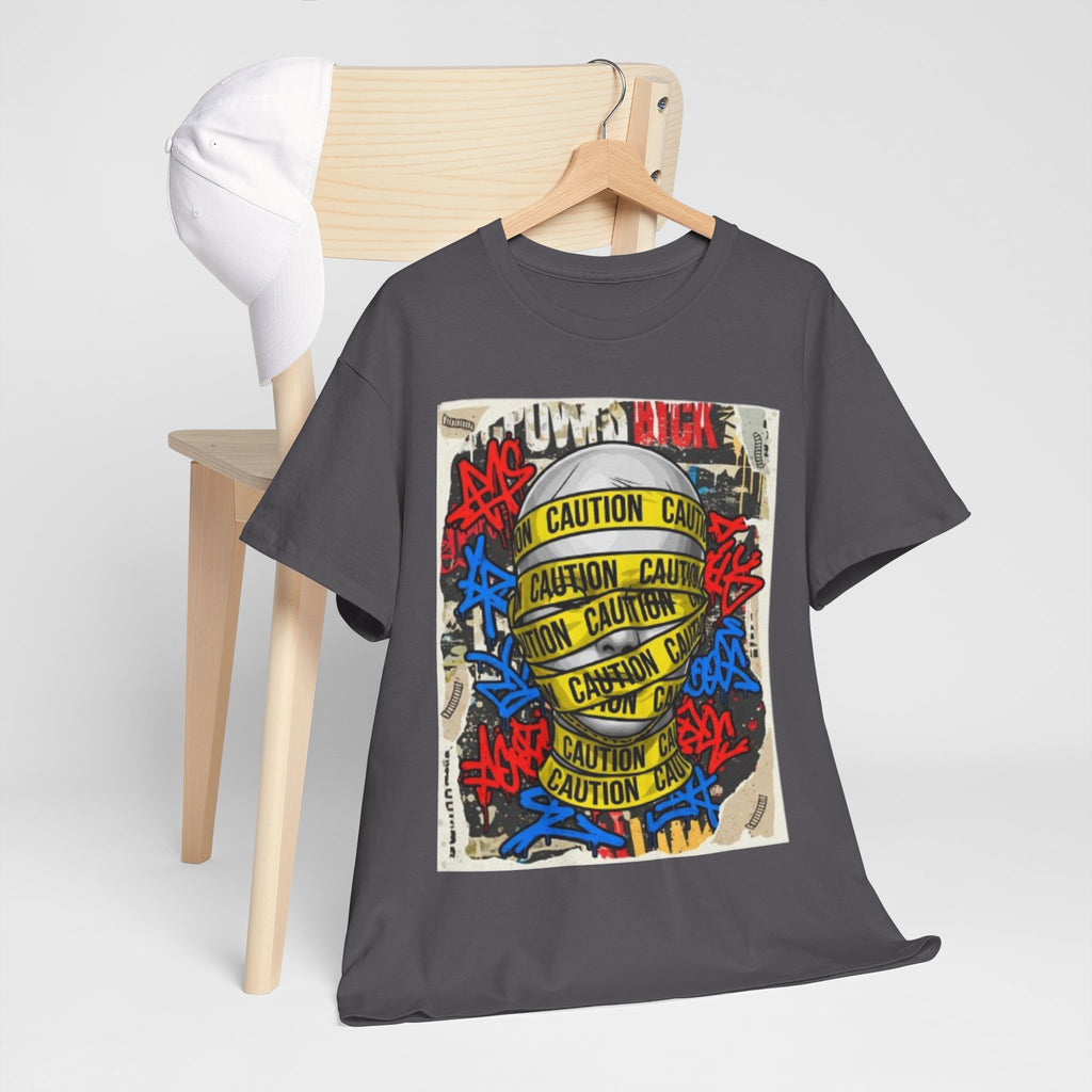 Caution Tape Street Art Tee — Urban Graffiti Graphic T-Shirt