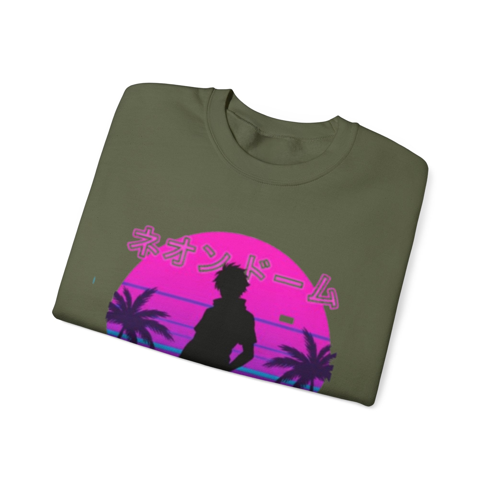 Vaporwave Neon Dome Crewneck Sweatshirt — Japanese Sunset Silhouette