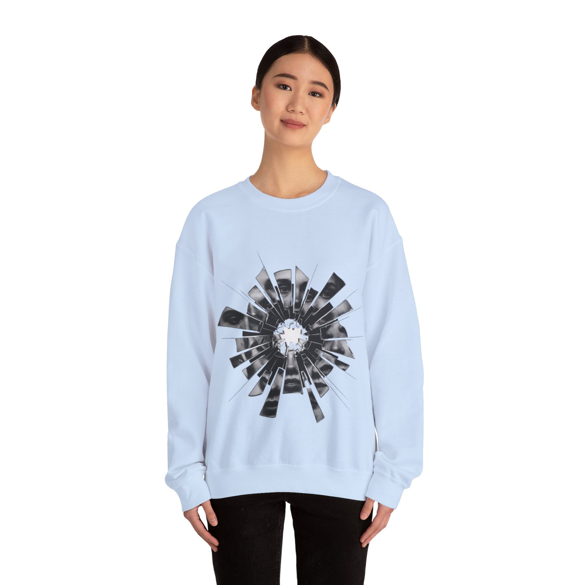 Broken Glass Flower Crewneck Sweatshirt — Monochrome Shattered Floral Graphic