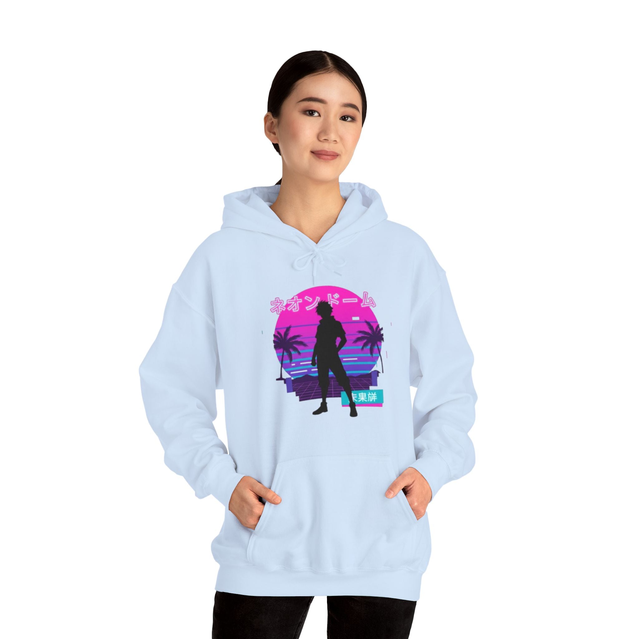 Retro Vaporwave Hoodie — Neon Sunset Silhouette