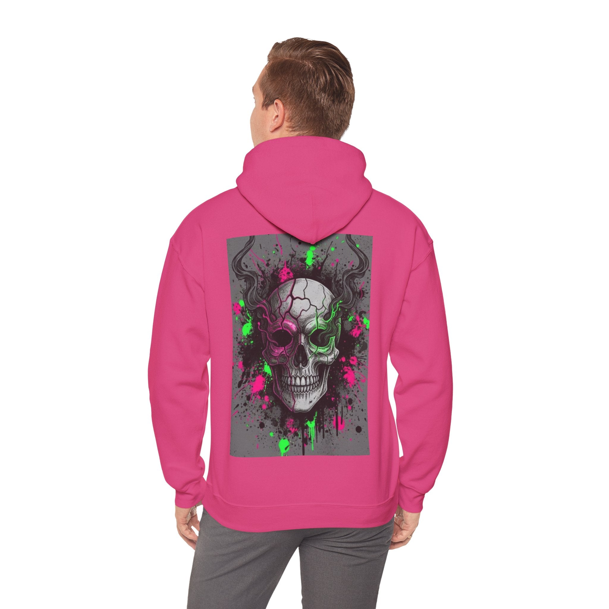 Skull Graffiti Hoodie — Neon Splatter Horror Skull Back Print