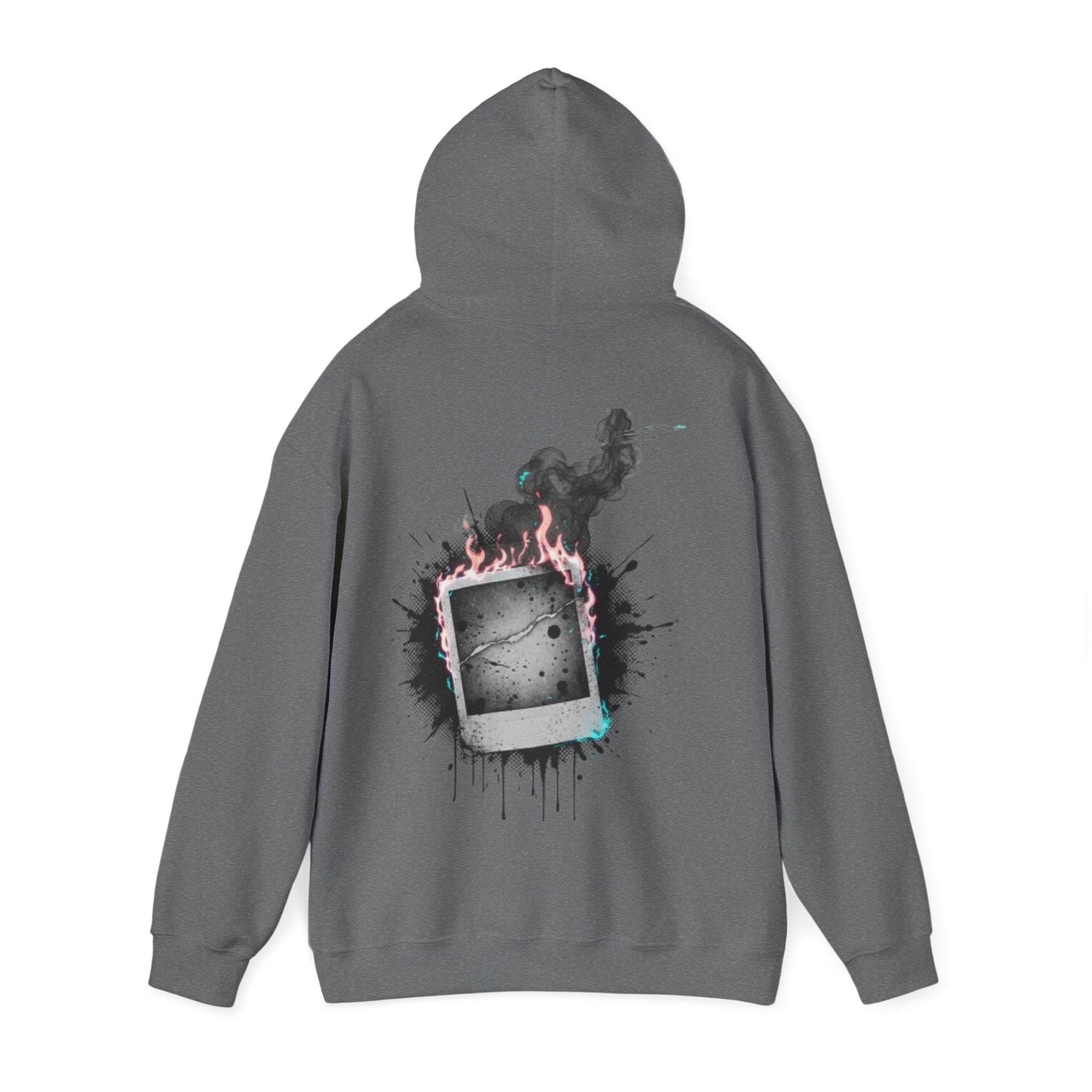 Burning Polaroid Hoodie — Retro Photo Flame Graphic Hooded Sweatshirt