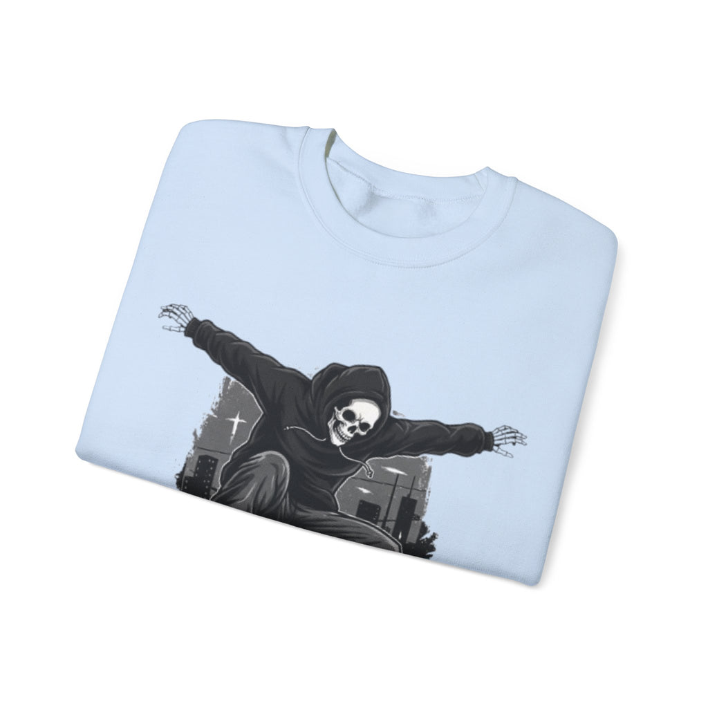 Skull Skateboarder Crewneck Sweatshirt — Flaming Skate Trick Graphic
