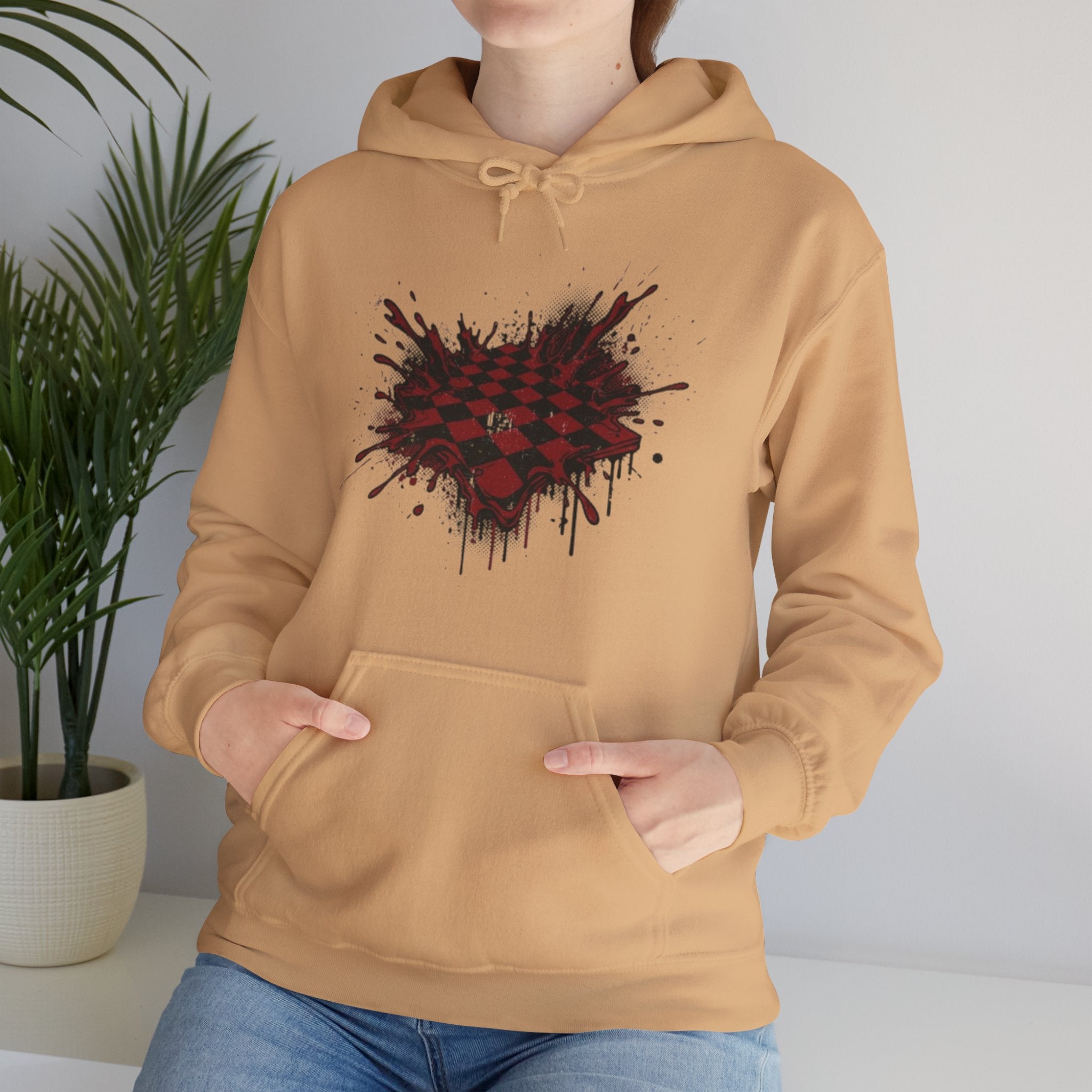 Red Grunge Checkerboard Heart Hoodie – Gothic Streetwear Pullover