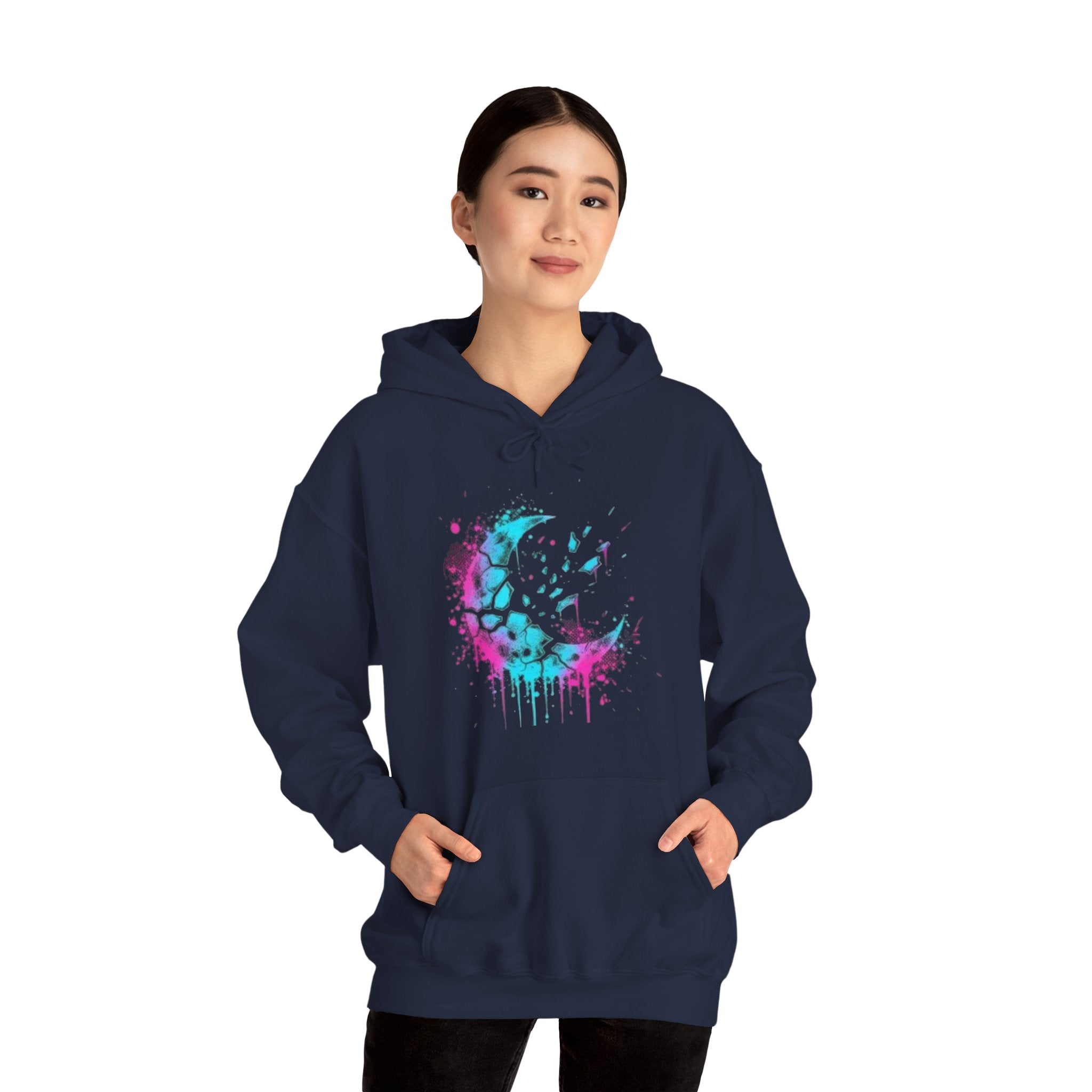 Paint-Splatter Crescent Moon Hoodie — Colorful Drip Art Sweatshirt