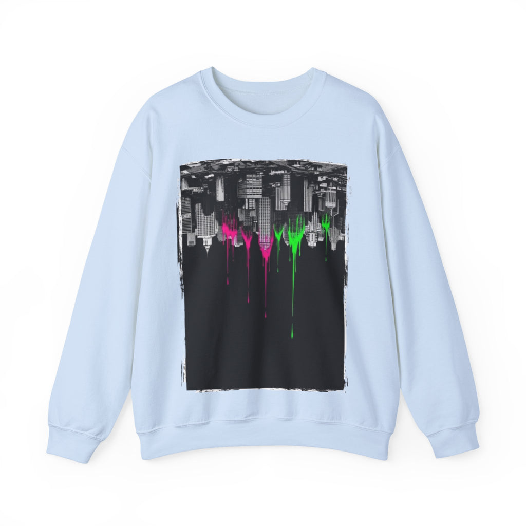 Cityscape Drip Crewneck Sweatshirt — Neon Skyline Paint Drip