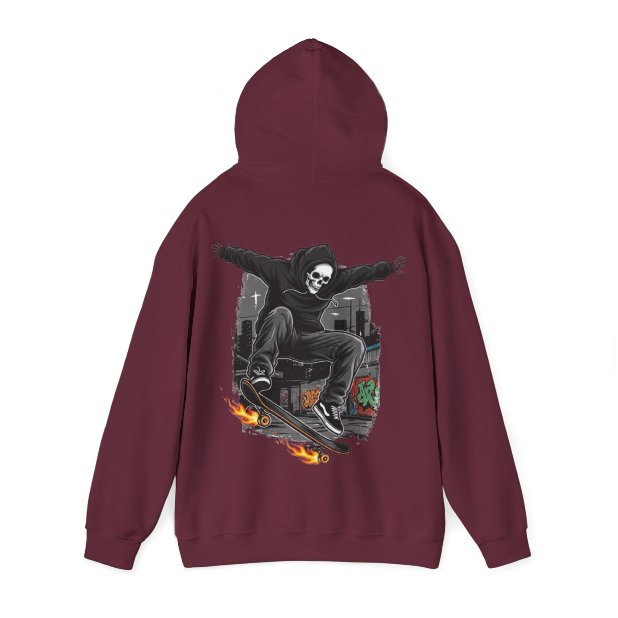 Skull Skater Hoodie — Flaming Skateboard Streetwear Pullover