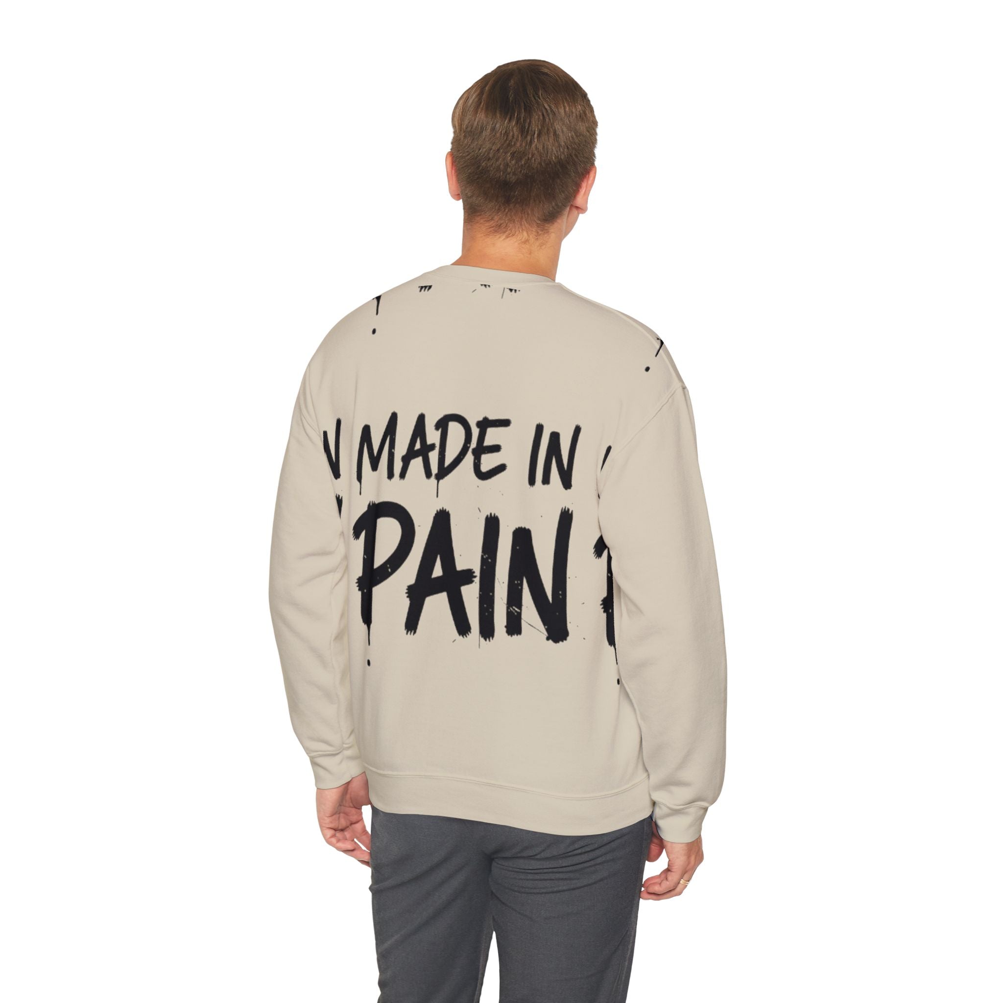 Crewneck Sweatshirt — "Made in Pain" Graphic Back, Minimal Front Logo