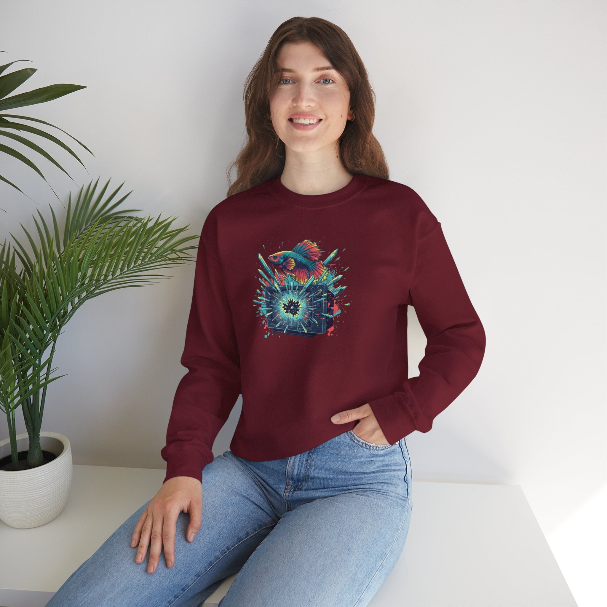 Cosmic Hummingbird Crewneck Sweatshirt — Neon Floral Burst Graphic