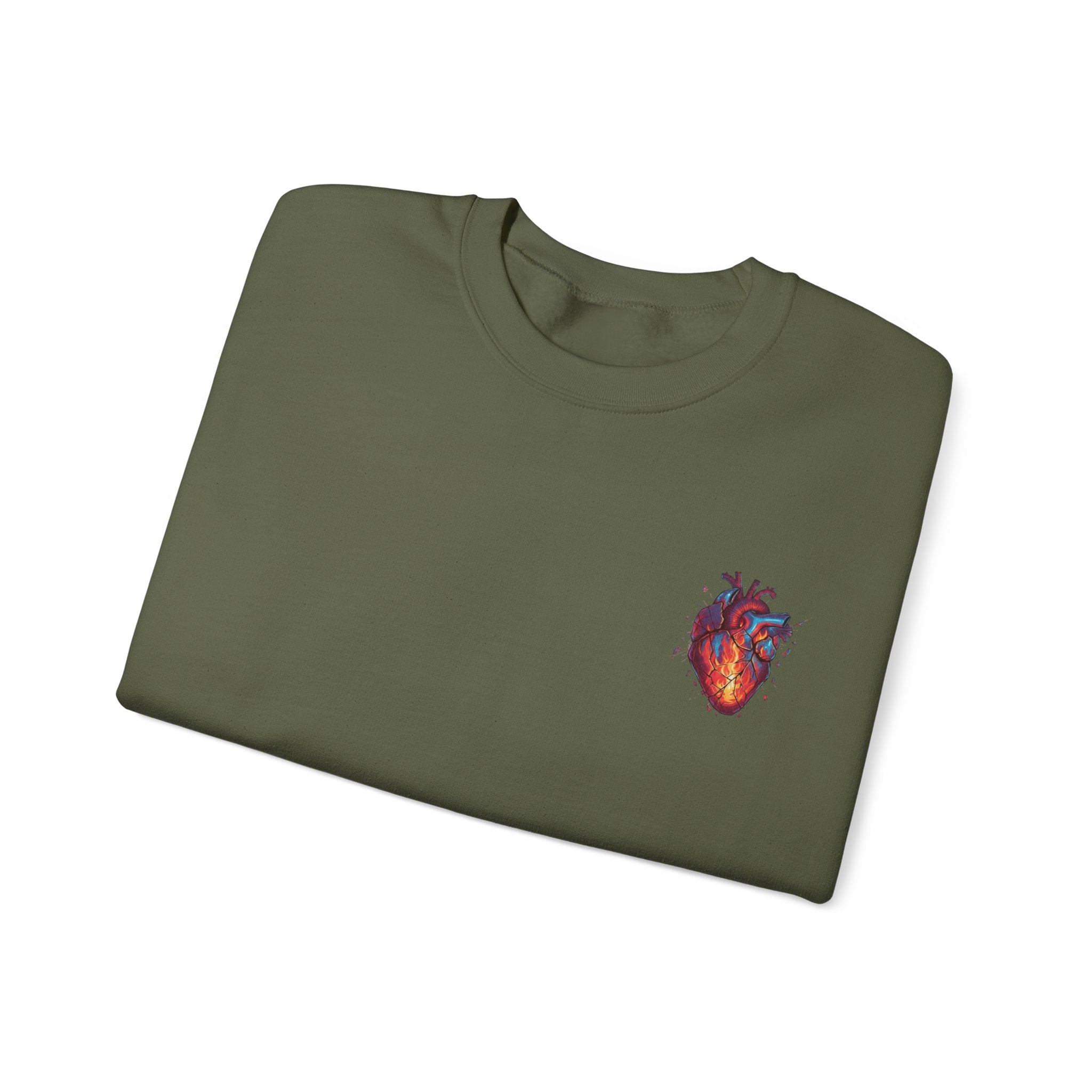 Ember Heart Crewneck Sweatshirt — Small Flaming Anatomical Heart Graphic