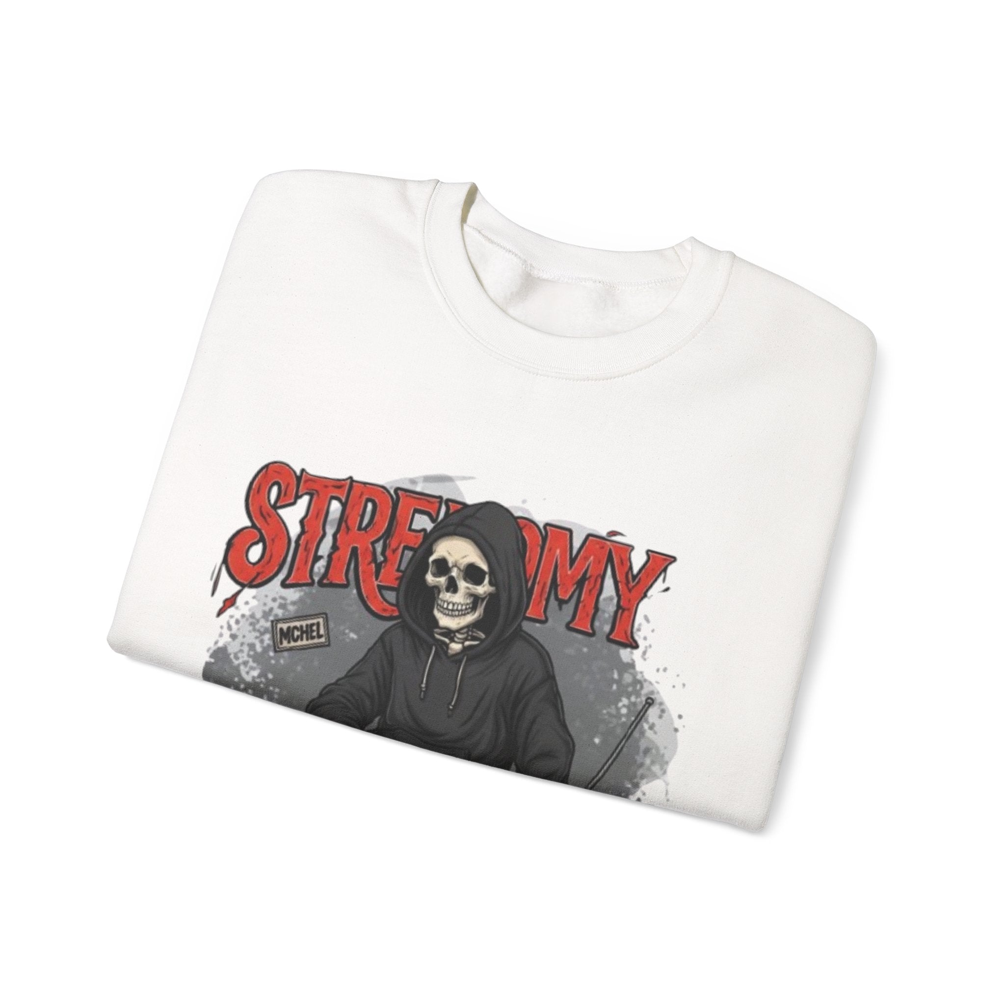 Streamy Grim Reaper Crewneck Sweatshirt — Streaming Gamer Skull Hoodie Design