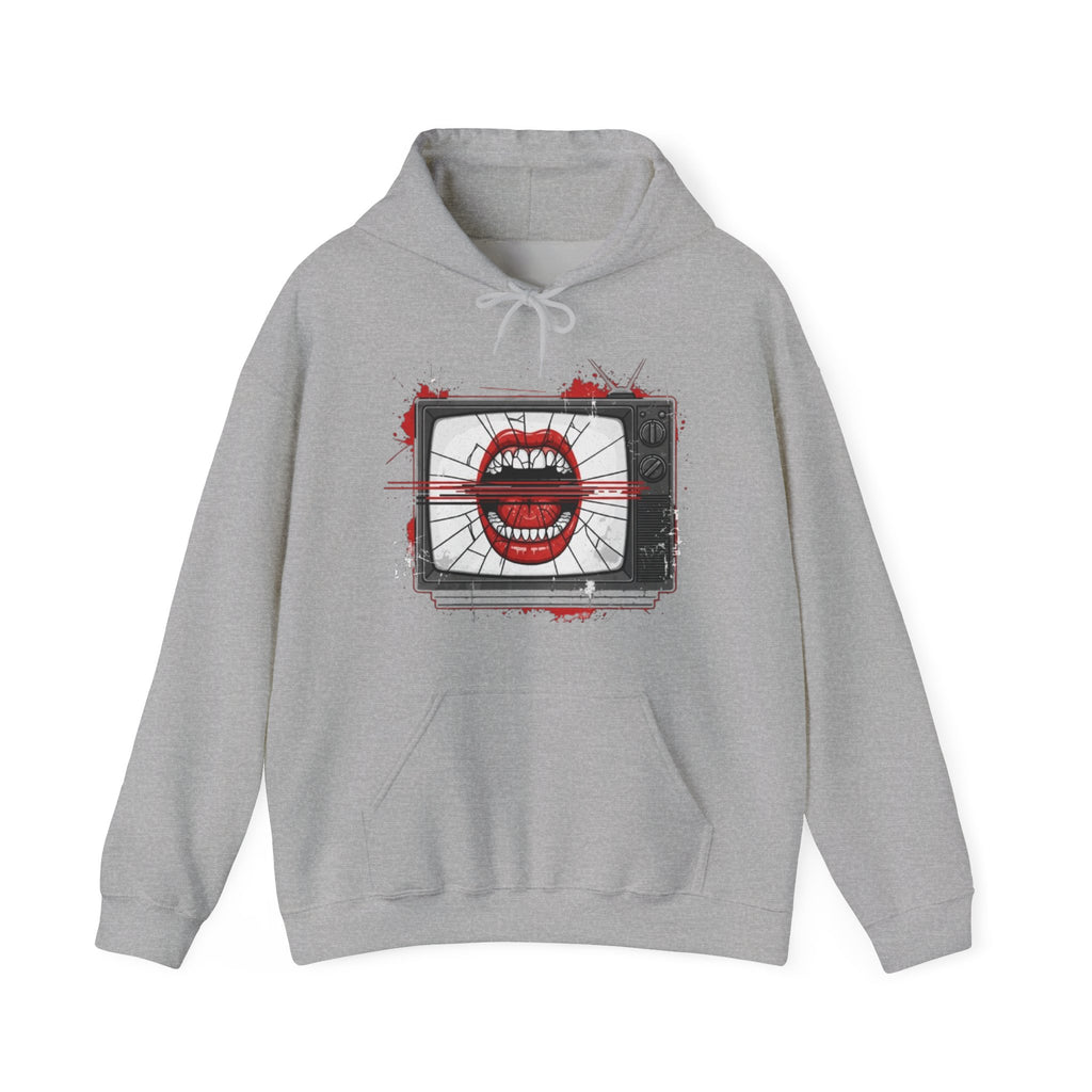 TV Static Mouth Graphic Hoodie — Retro Horror Streetwear