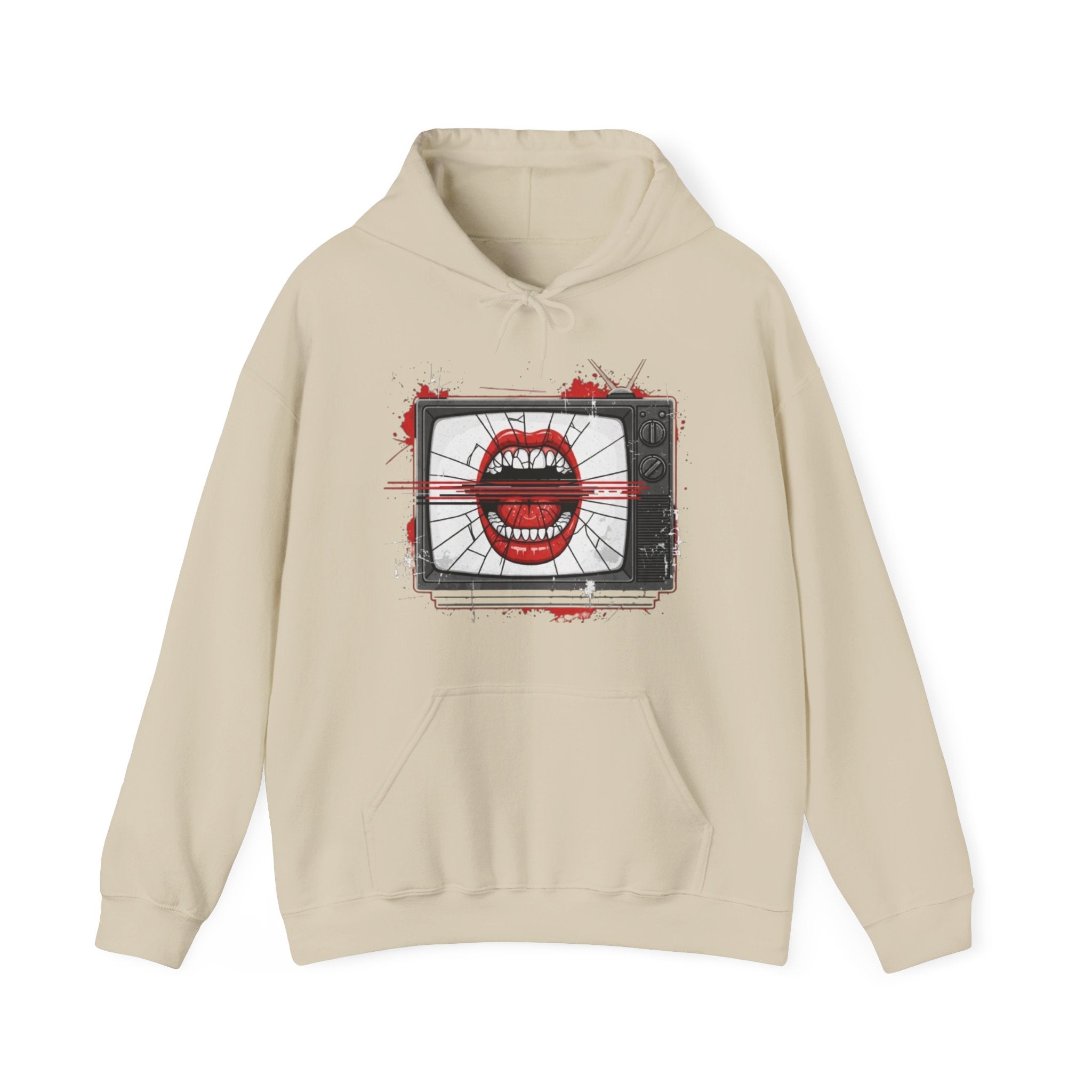 TV Static Mouth Graphic Hoodie — Retro Horror Streetwear
