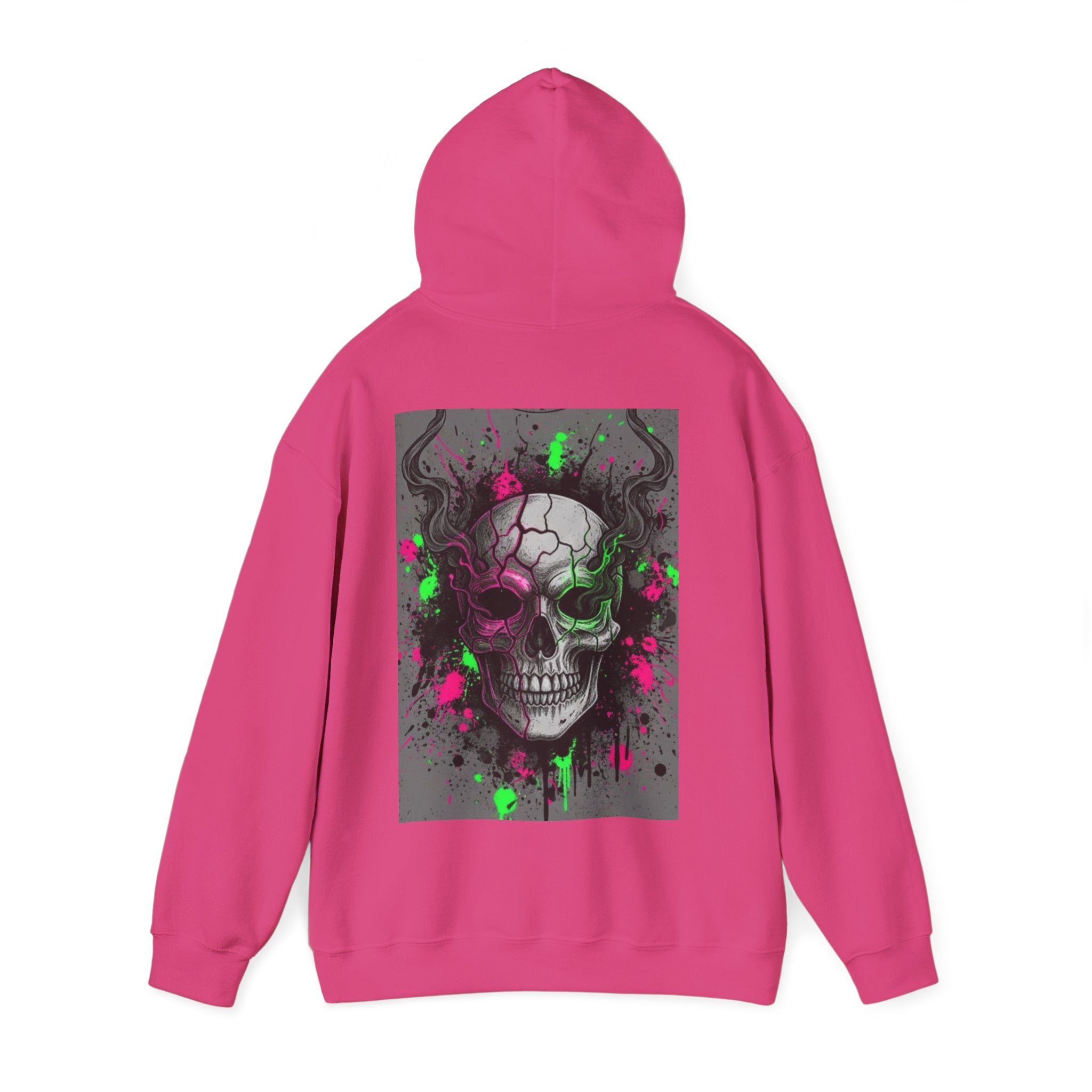 Skull Graffiti Hoodie — Neon Splatter Horror Skull Back Print